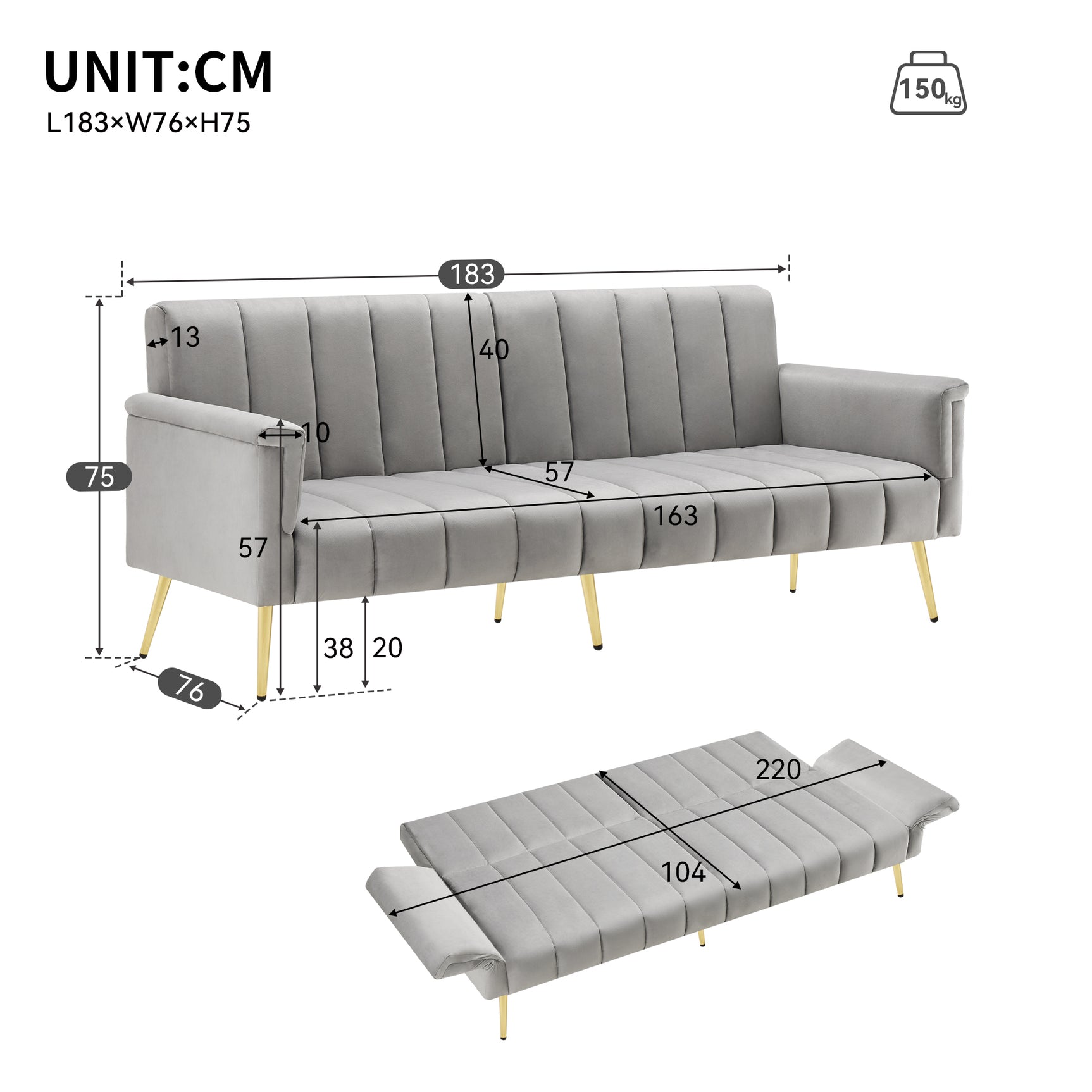 2-Sitzer-Schlafsofa aus dunkelgrauem Stoff mit Seitentaschen, modernes Schlafsofa