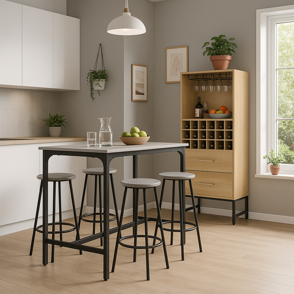 Ensemble de table haute avec quatre tabourets au design industriel gris en métal