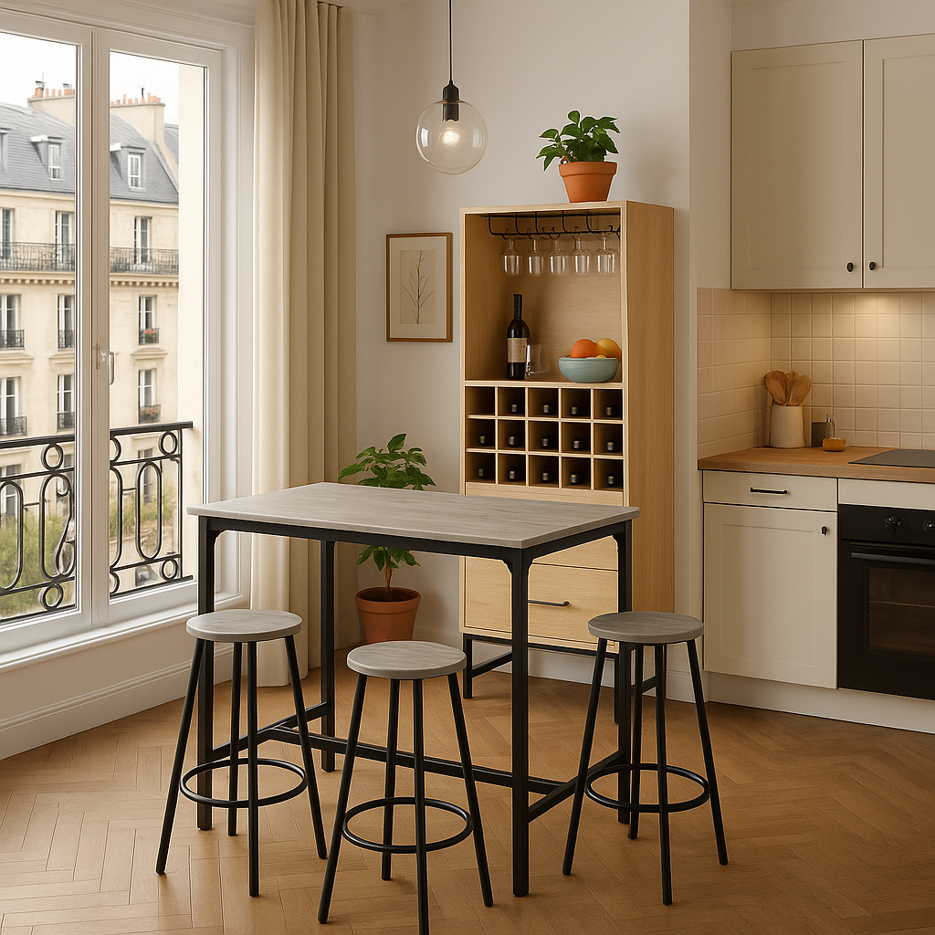 Ensemble de table haute avec quatre tabourets au design industriel gris en métal