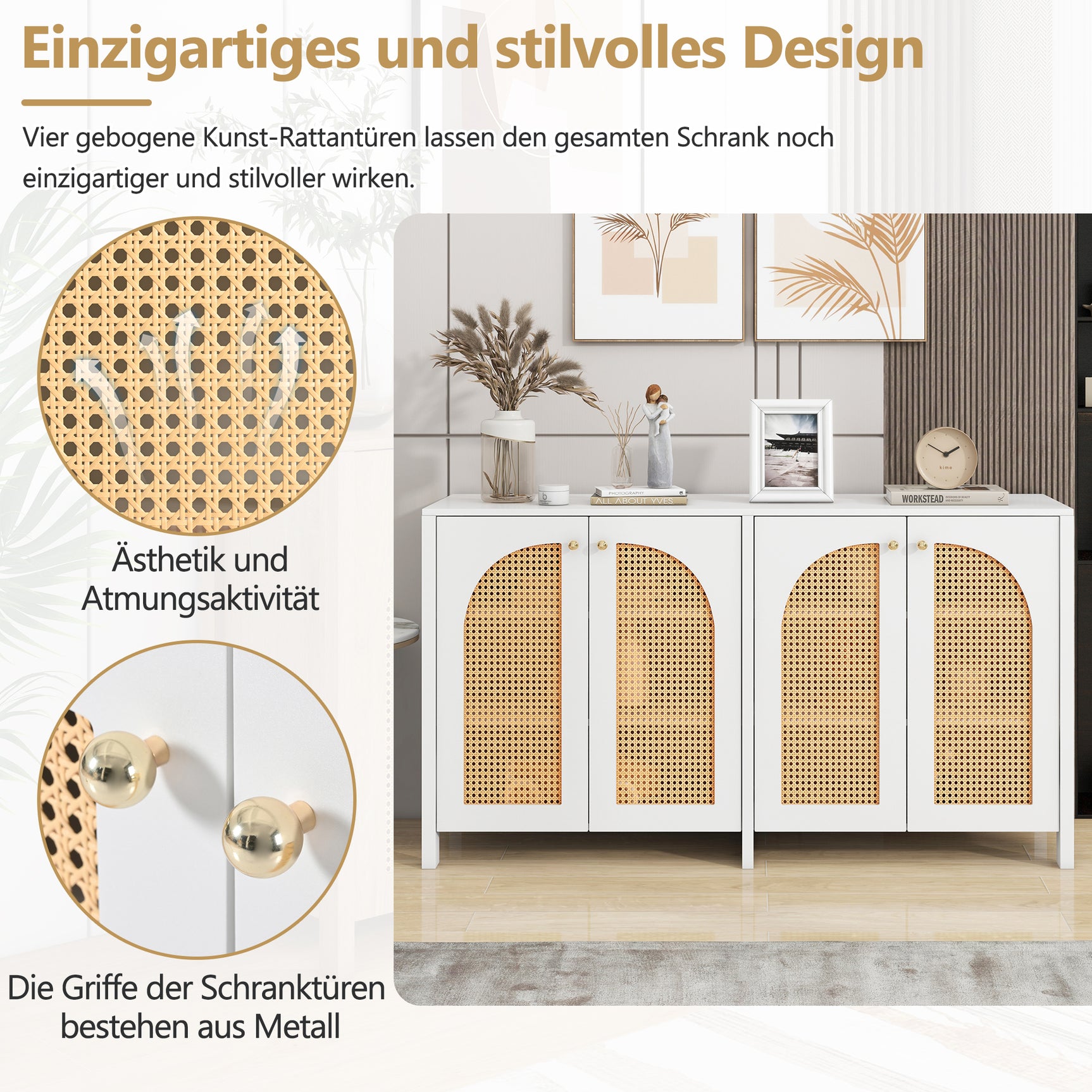 Buffet moderne blanc en MDF avec 4 portes en rotin PE et poignées en métal