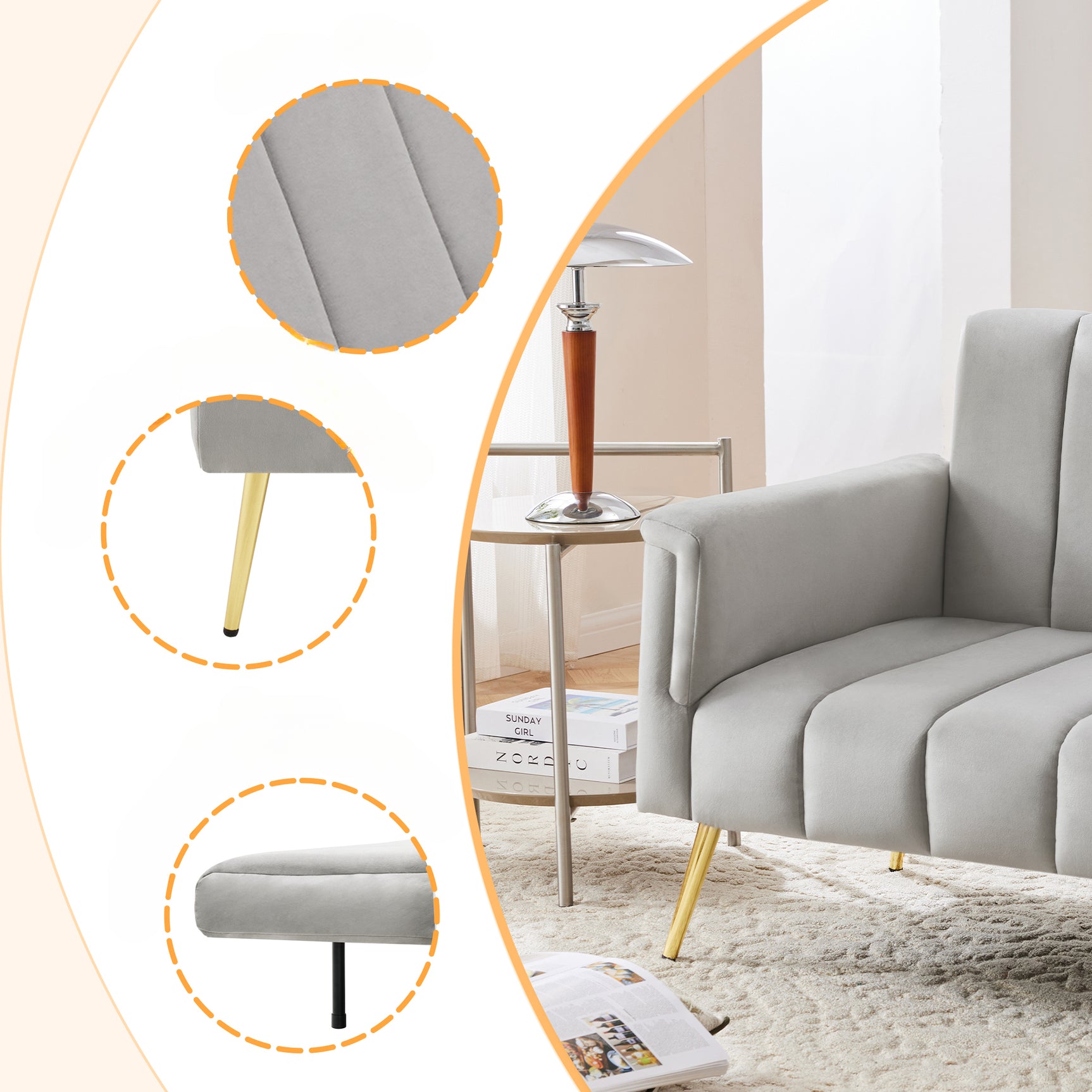 2-Sitzer-Schlafsofa aus dunkelgrauem Stoff mit Seitentaschen, modernes Schlafsofa