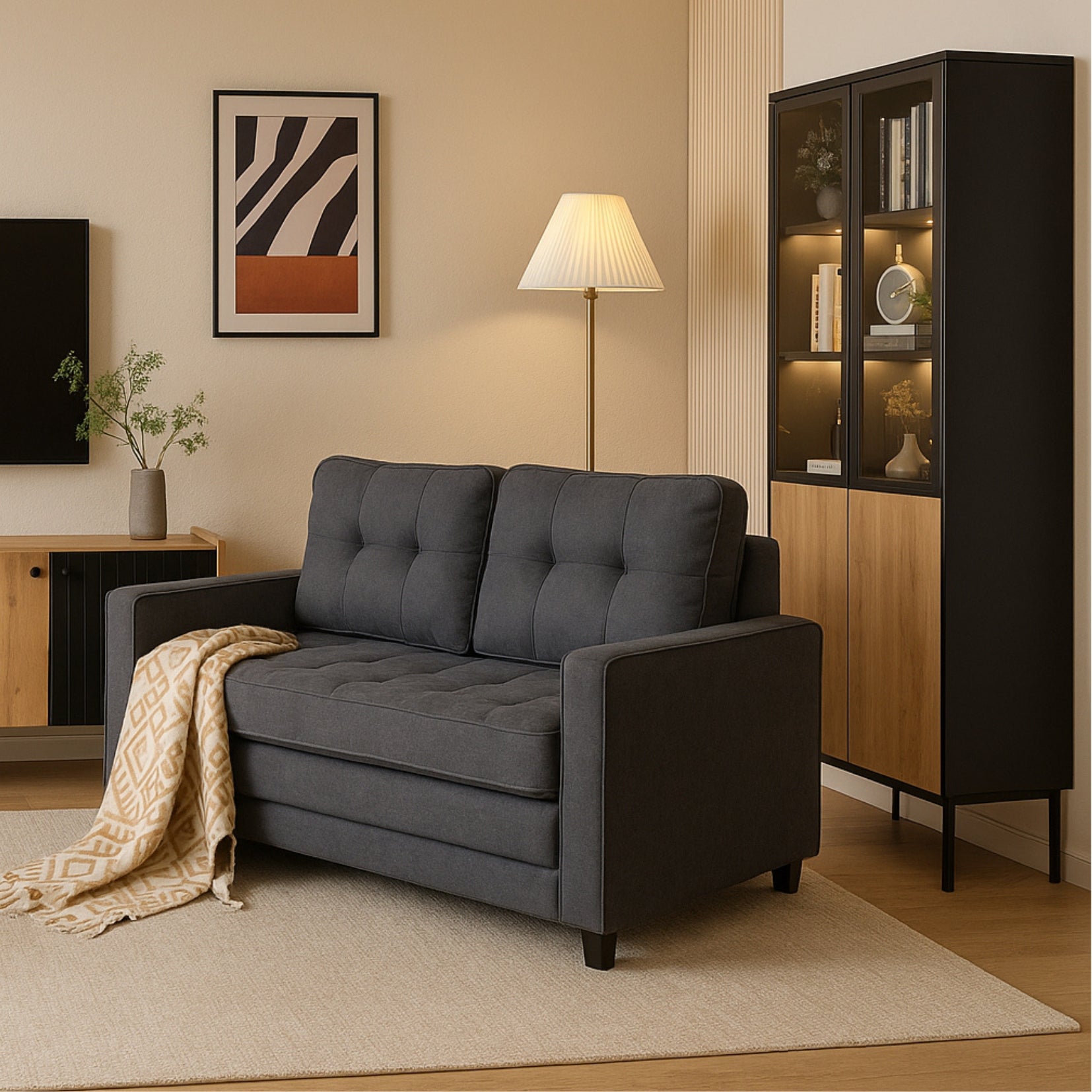 2-Sitzer-Schlafsofa aus dunkelgrauem Stoff mit Seitentaschen, modernes Schlafsofa