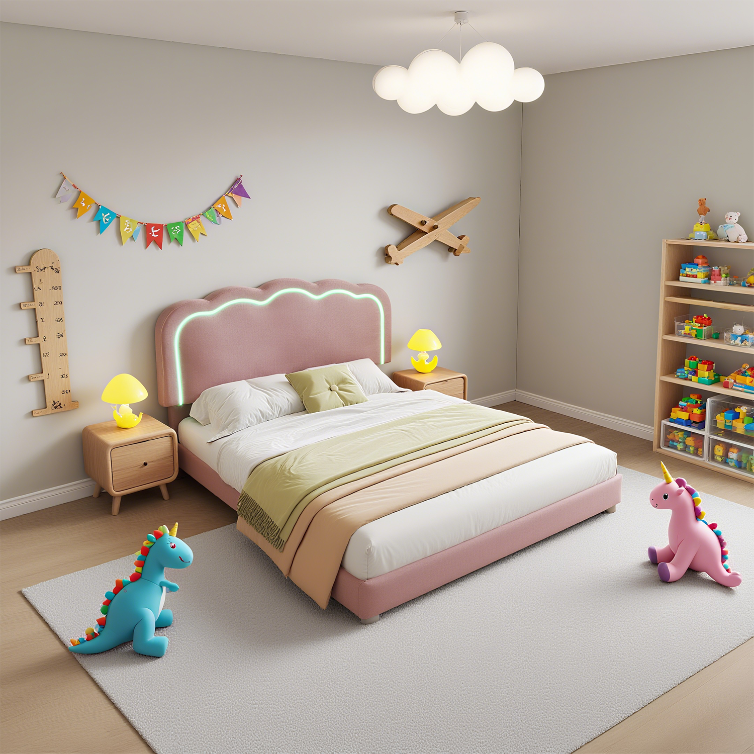 Packaged children's bed 90 × 190 cm with LEDs, in pink velvet with adjustable headboard and slatted base (without mattresses)