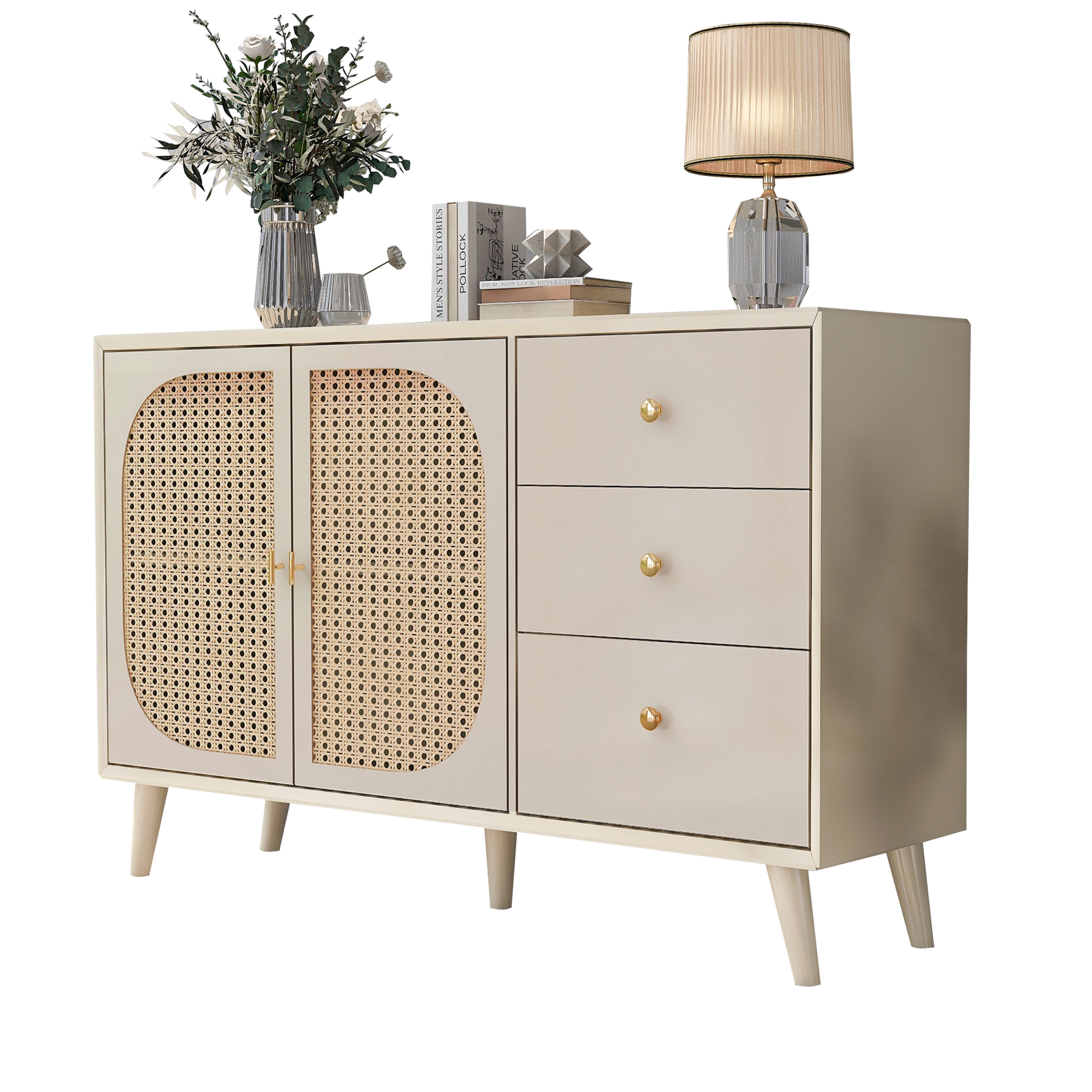 Salon and dining room buffet in broken white with rattan doors and 3 drawers, modern storage unit 120 cm wide