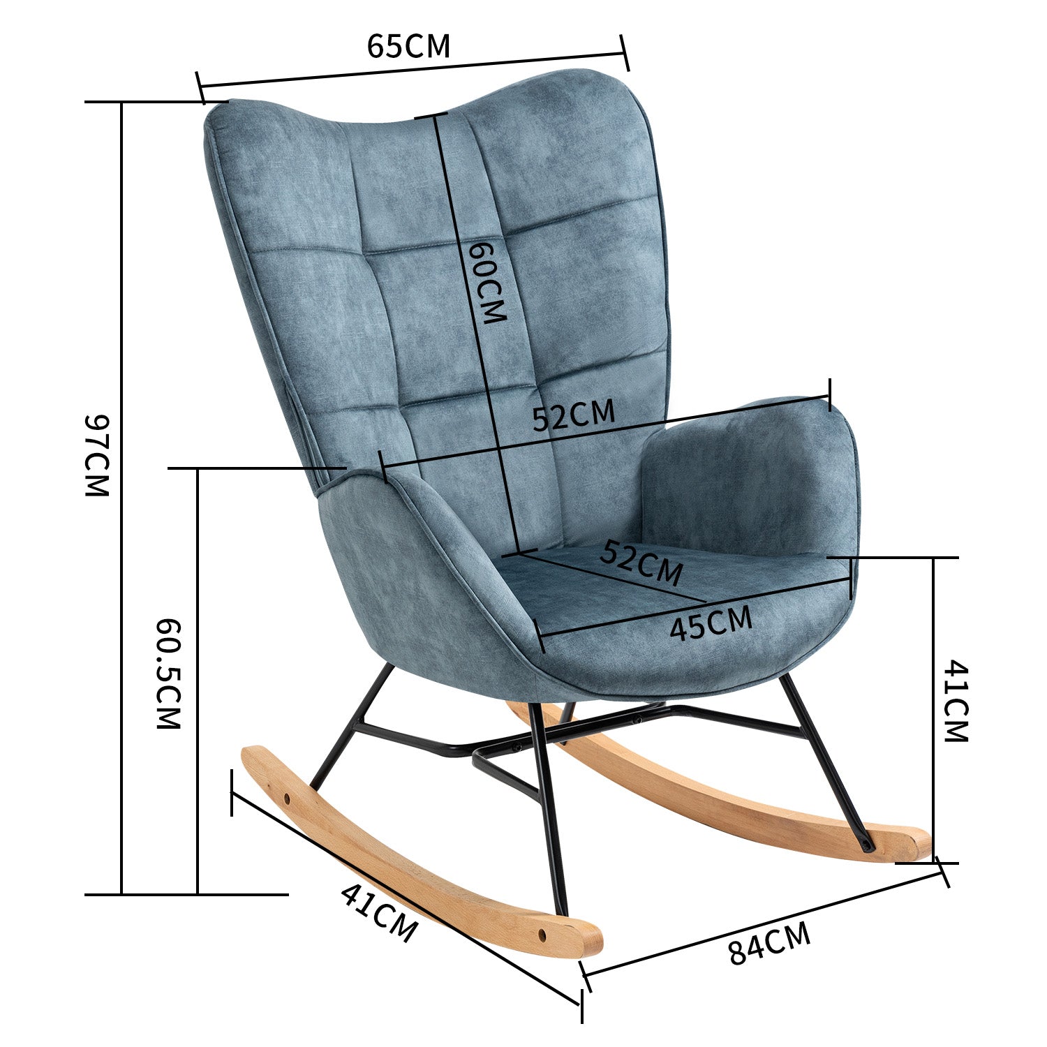 Fauteuil à bascule allaitement scandinave avec accoudoirs en velours bleu à surpiqûres - KELAN