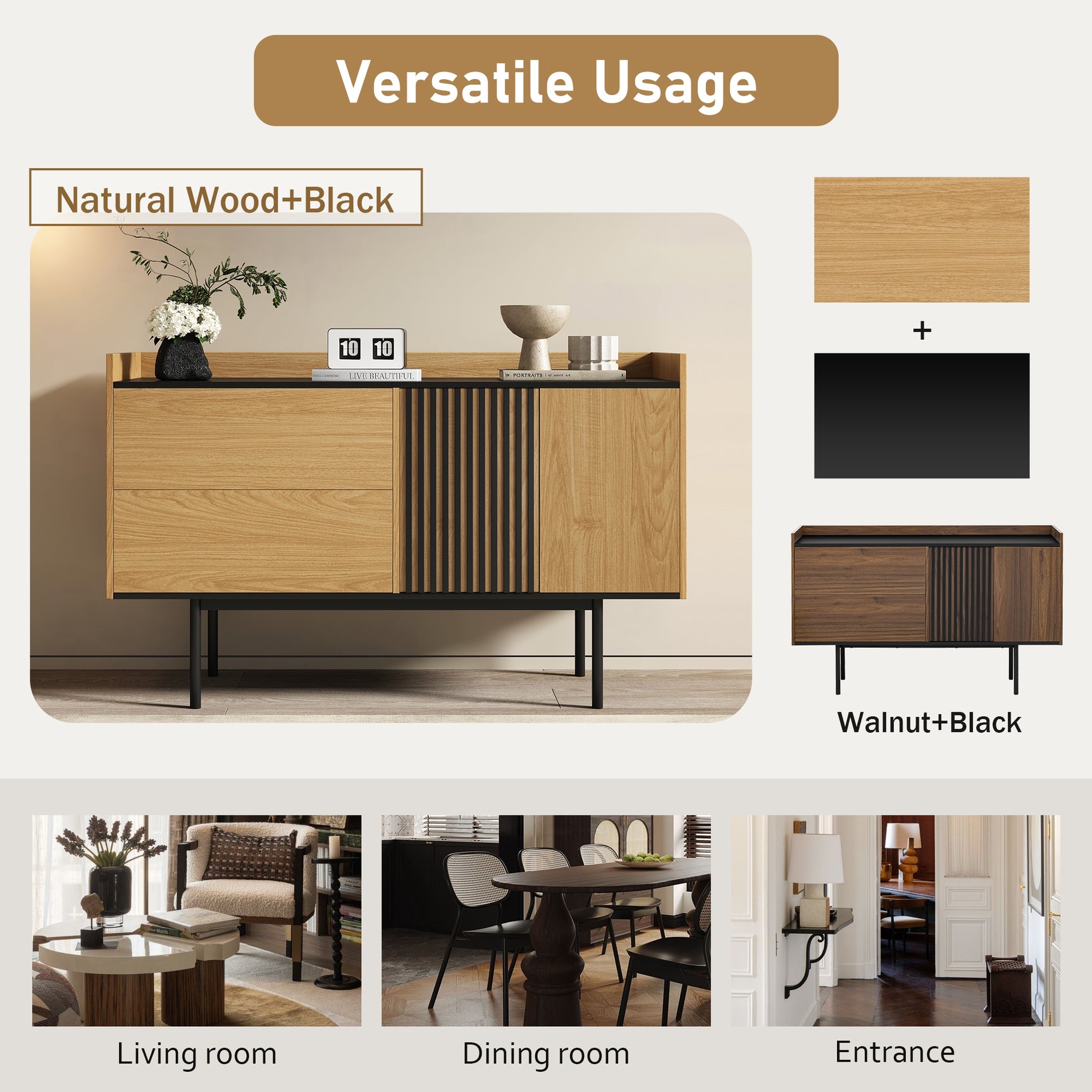 Modernes minimalistisches Buffet 130 cm mit 2 Schubladen, Türen und verstellbares Regal, schwarzes Tablett und Eichendekor, schwarze Metallfüße