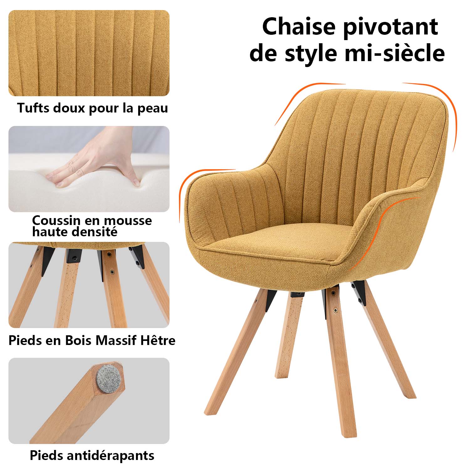 Lot de 2 chaises de salle à manger confortables en tissu jaune pivotantes 360° - CARSON FABRIC YELLOW 2PCS