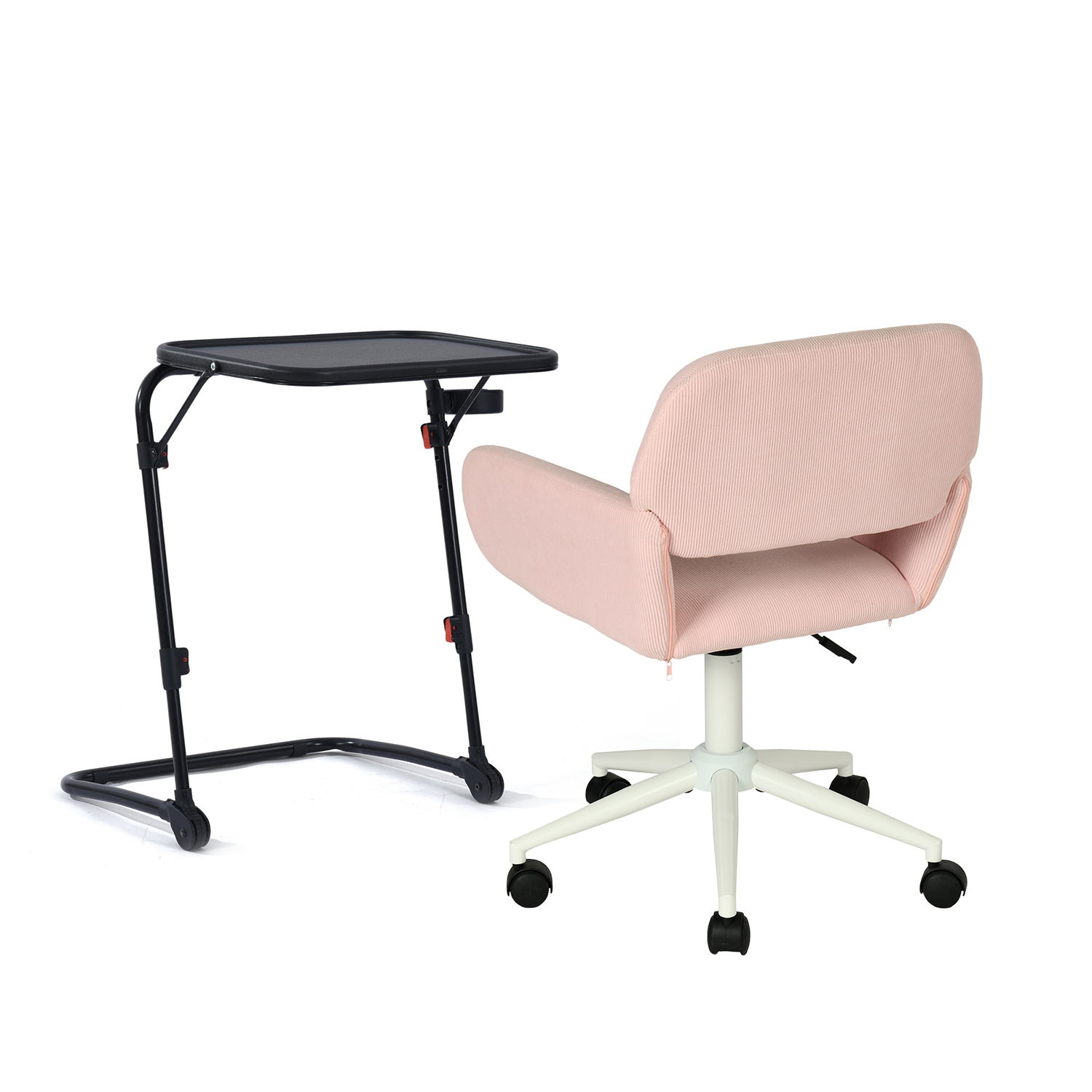 Ensemble avec table d’appoint noire pliable et fauteuil de bureau en velours côtelé rose - BASELINE & ROSS