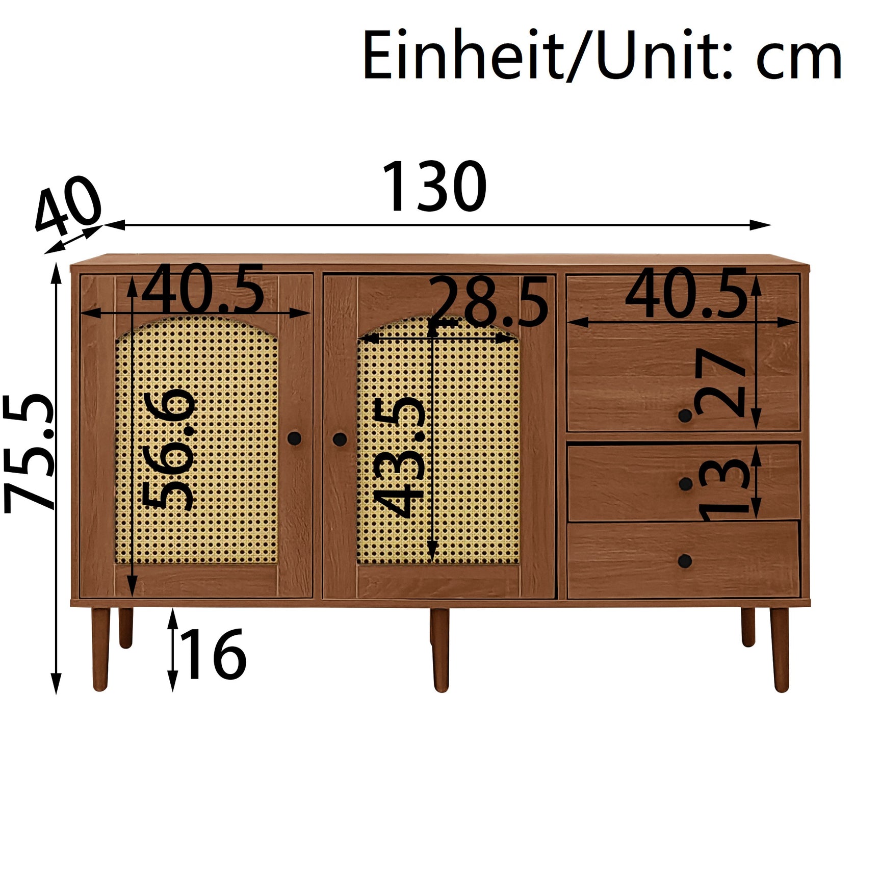 Holzbuffet -Kampagnenstil mit Konservenentüren, verstellbaren Regalen und Schubladen 130 × 75,5 × 40 cm