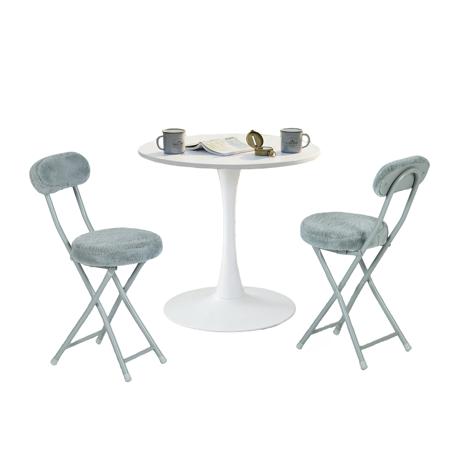 Ensemble de salle à manger de style scandinave comprenant une table ronde blanche et quatre chaises pliantes grises