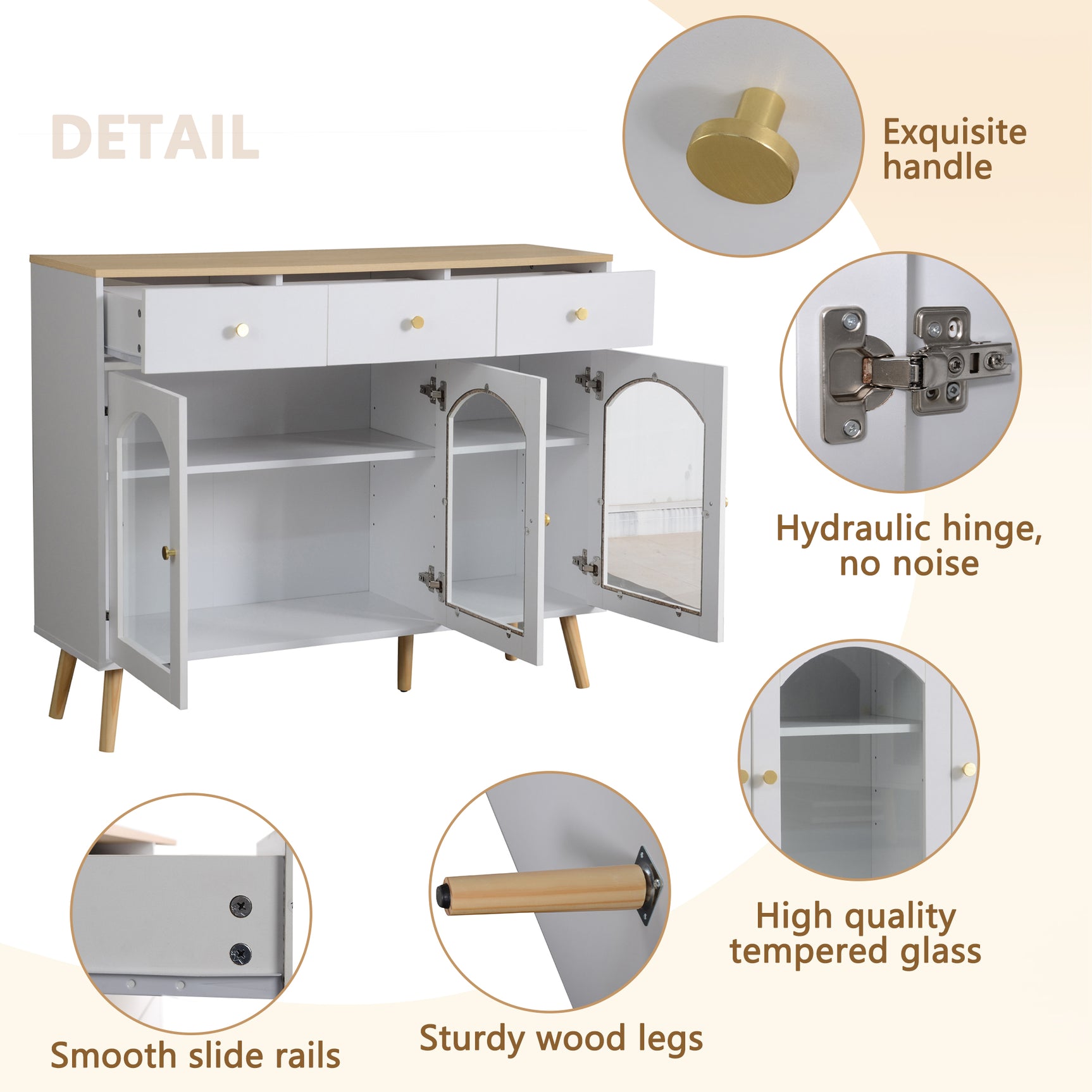 Weißes und natürliches Holzbuffet mit 3 Schubladen und 3 angepasste Tür in temperiertem Glas, großer eleganter Stauraum