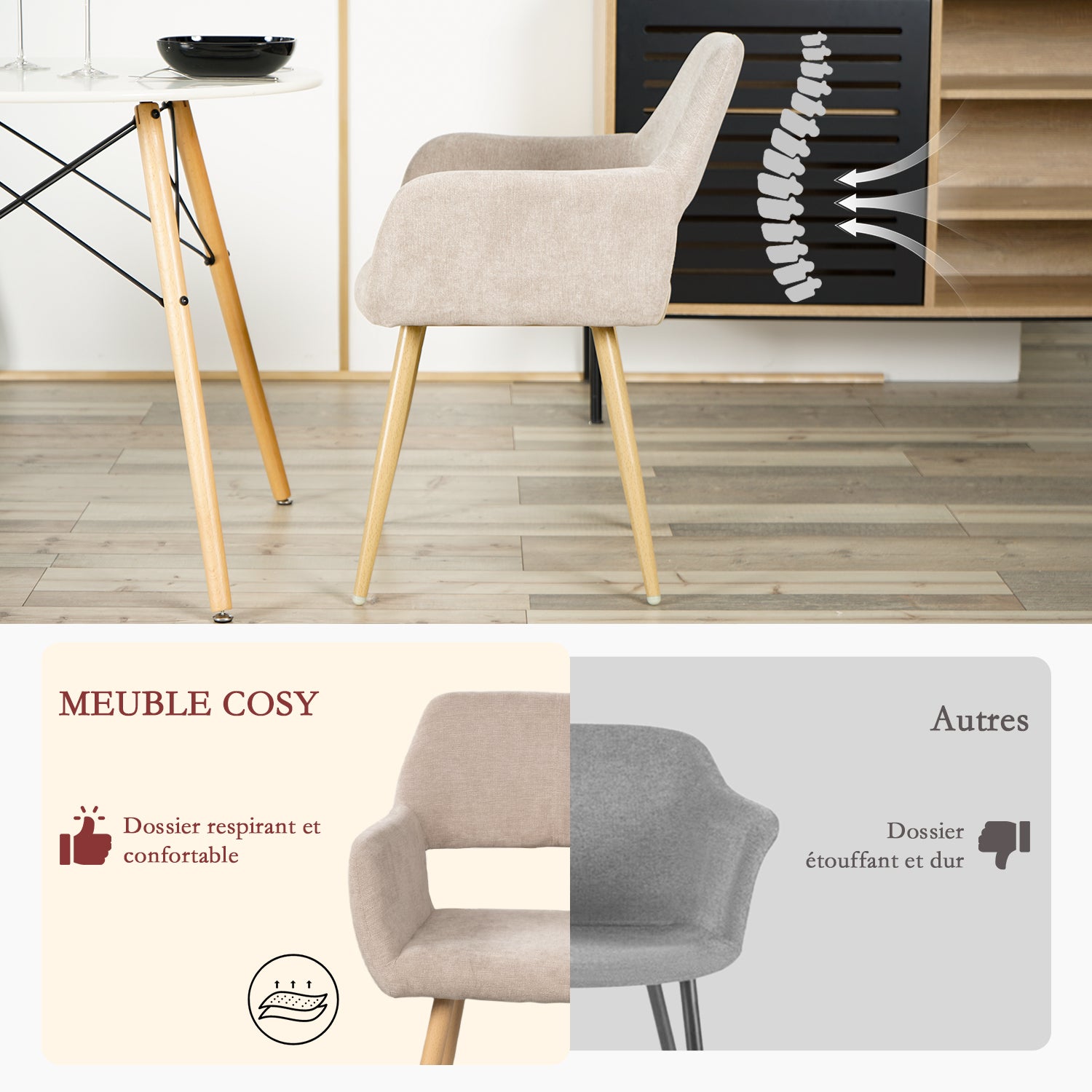 Lot de 2 fauteuils de salle à manger scandinaves avec accoudoirs en tissu beige - CROMWELL