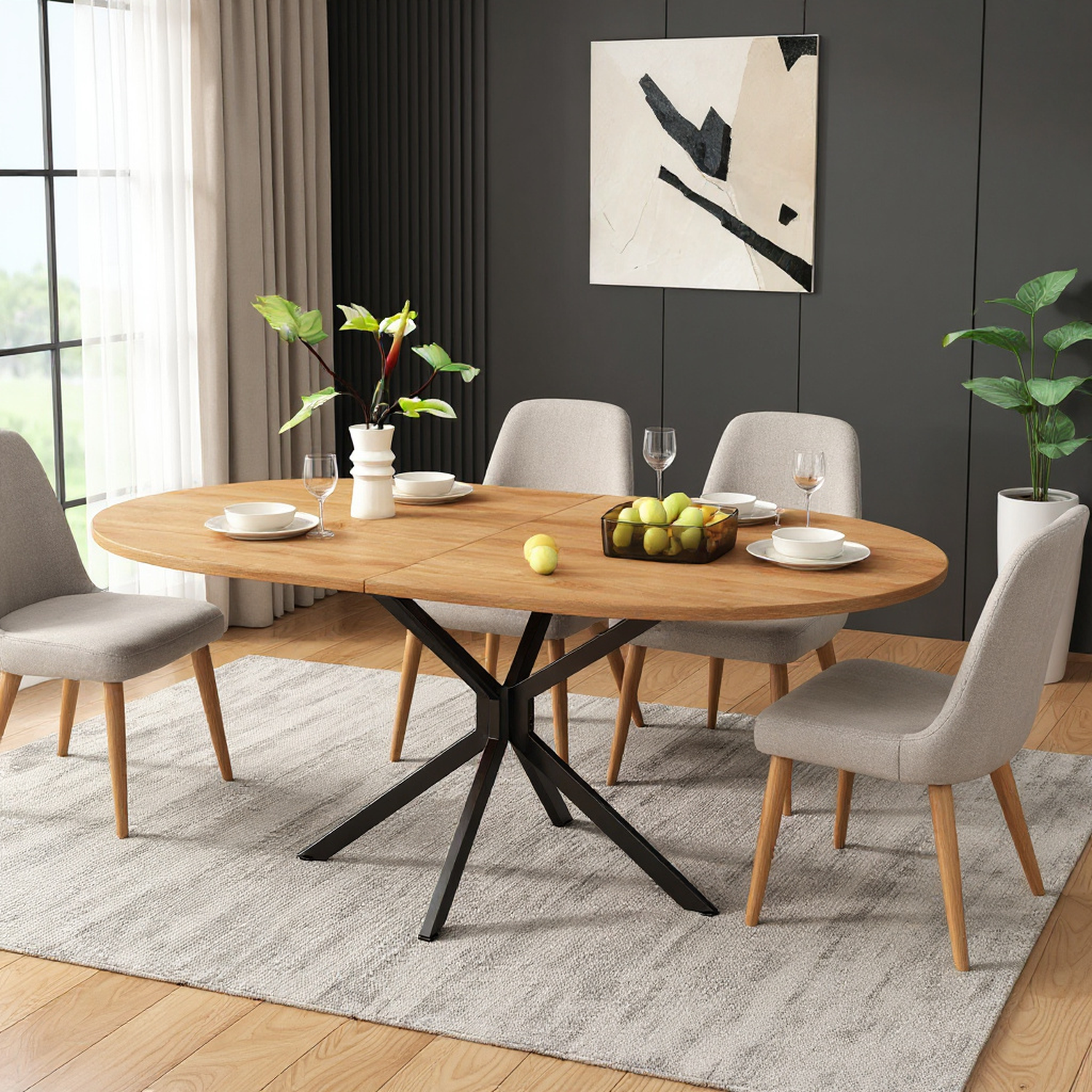 Table à manger ovale aspect naturel avec pieds métalliques en croix pour 4 à 6 personnes