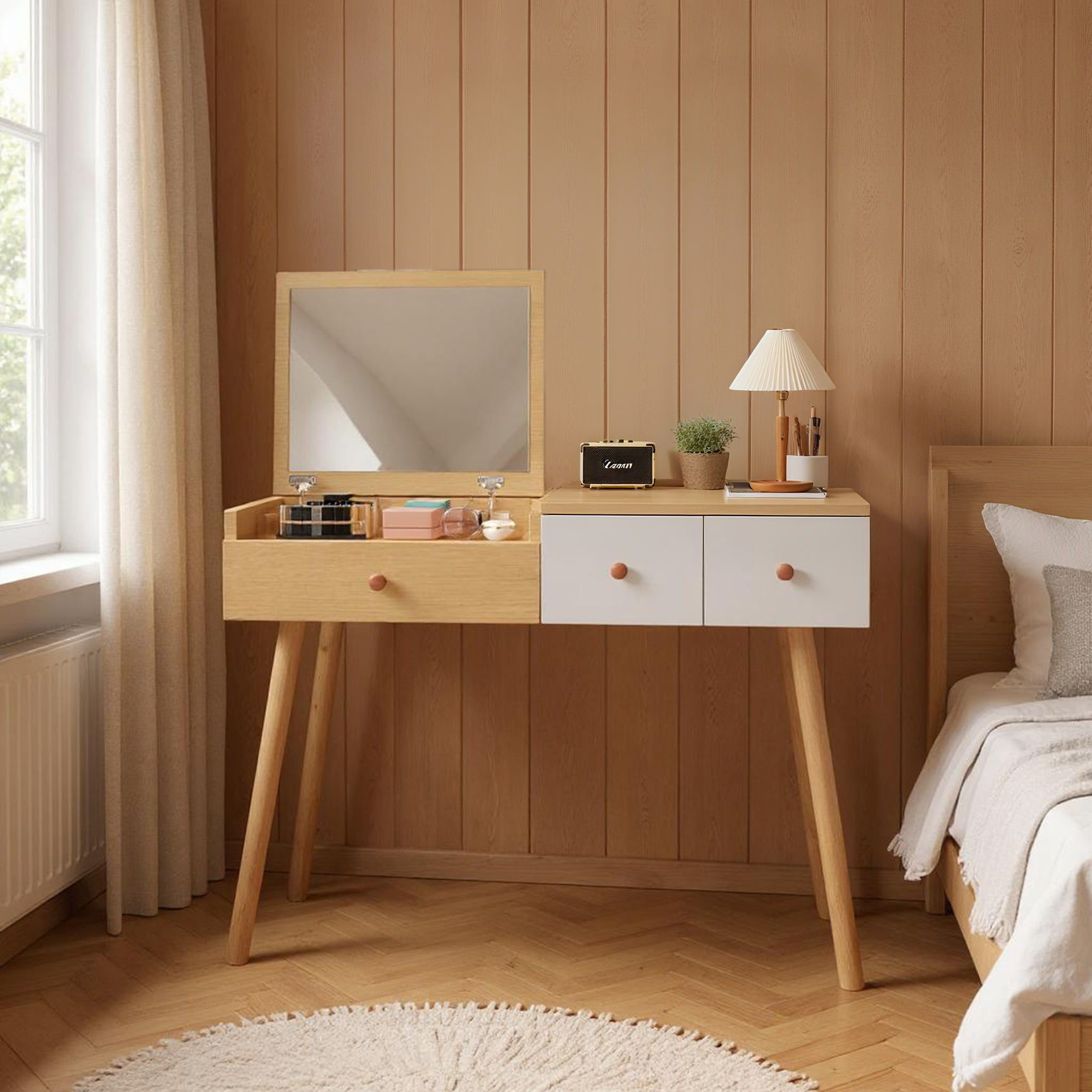 Coiffeuse en bois avec miroir rabattable, 3 tiroirs de rangement et design naturel blanc �100x40x78 cm