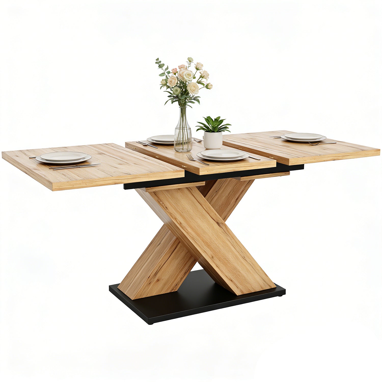 Table à manger télescopique extensible aspect bois avec pieds en croix