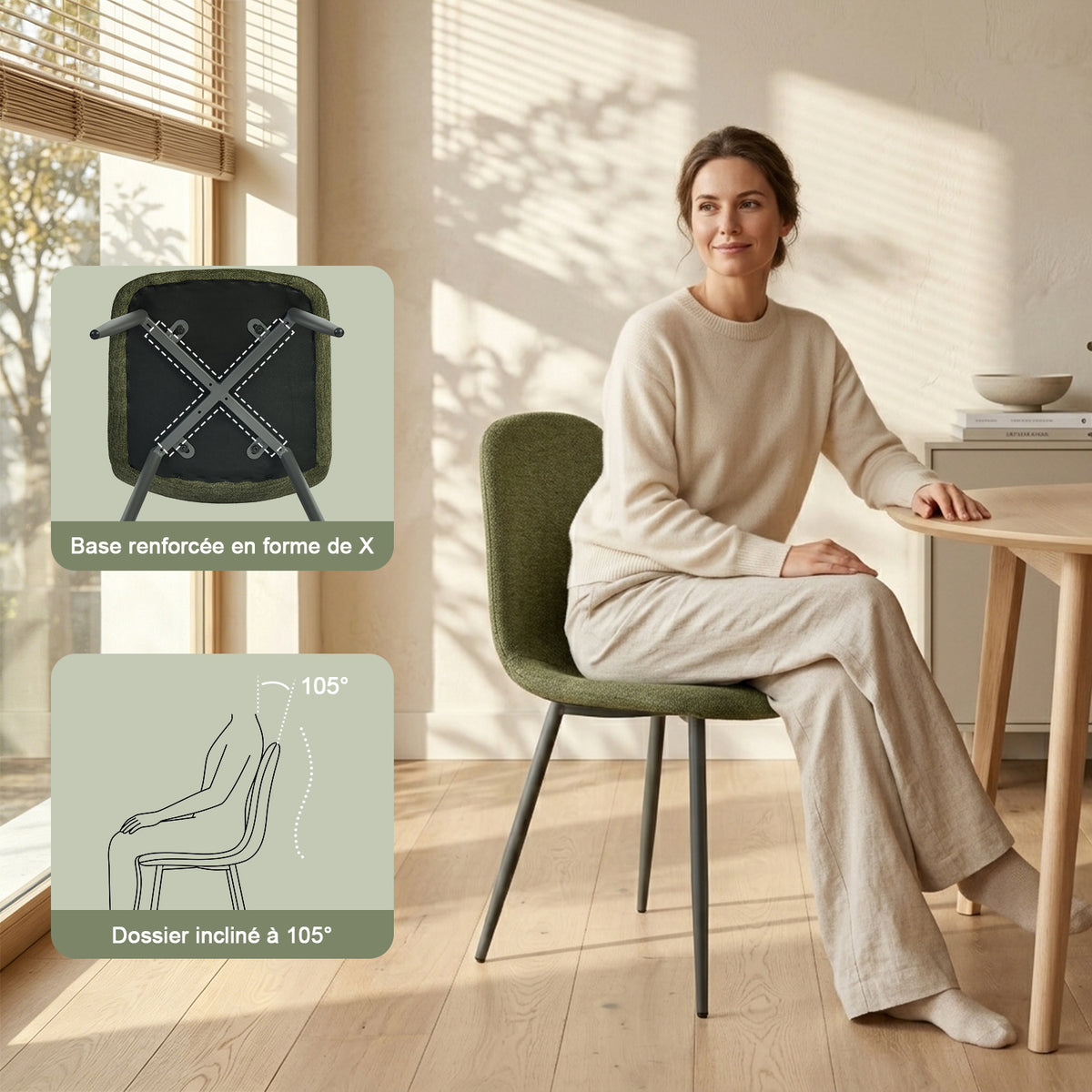 Lot de 4 chaises de salle à manger en tissu vert doux, chaises de détente avec dossier et pieds métalliques assortis scandinave - CHARLTON