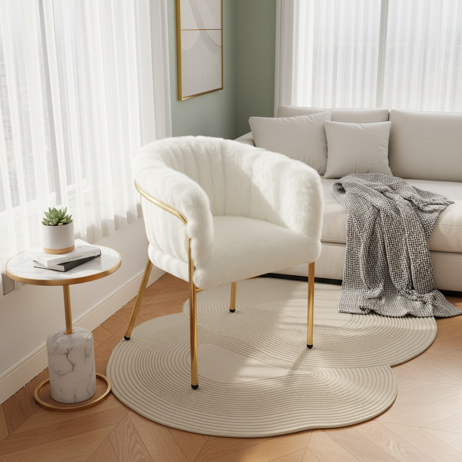 Lot de 4 chaise de loisirs individuelle en imitation de velours de lapin Chaise élégante à quatre pieds en métal beige pour salon chambre à coucher et salle à manger