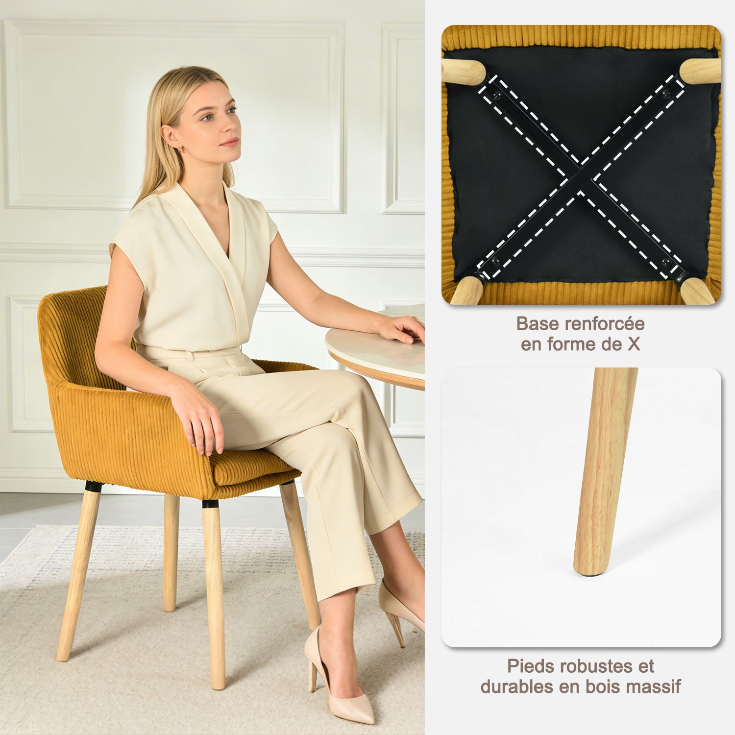Lot de 4 chaises de salle à manger de style scandinave avec pieds en bois et accoudoirs en velours côtelé jaune - ELIA