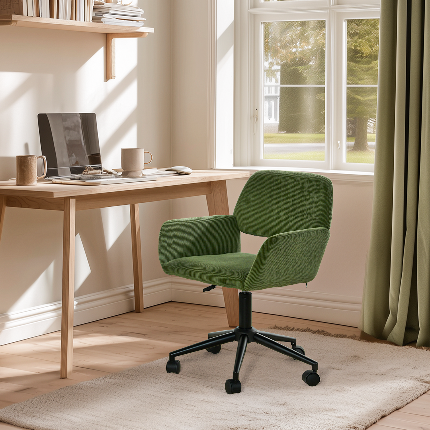 Office office chair in olive green ribbed, height adjustable, 360 ° rotation - Ross