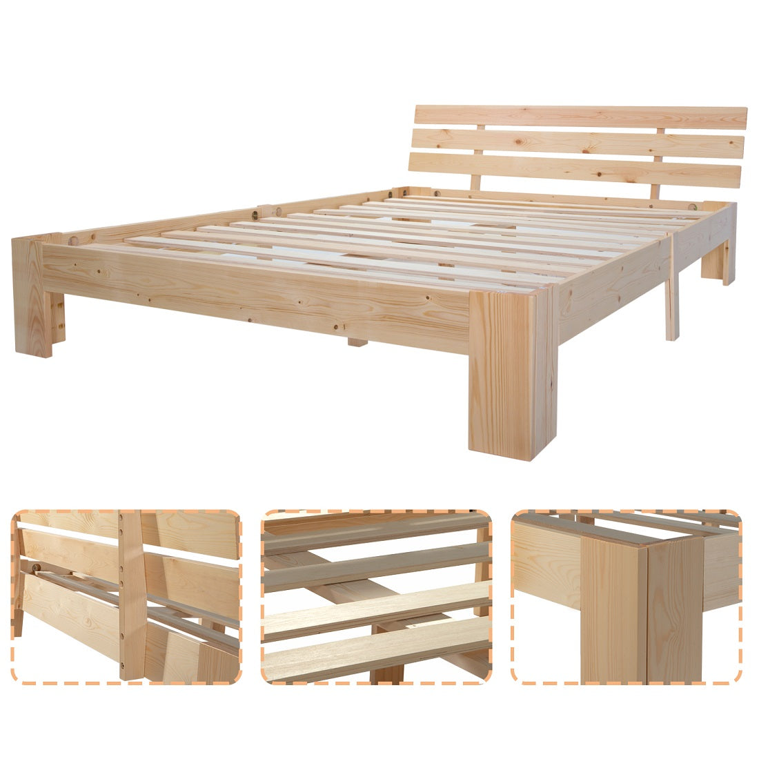 Double bed 140x200 cm in solid wood of natural pine with slatted base and headboard, robust structure and timeless design, without mattresses.