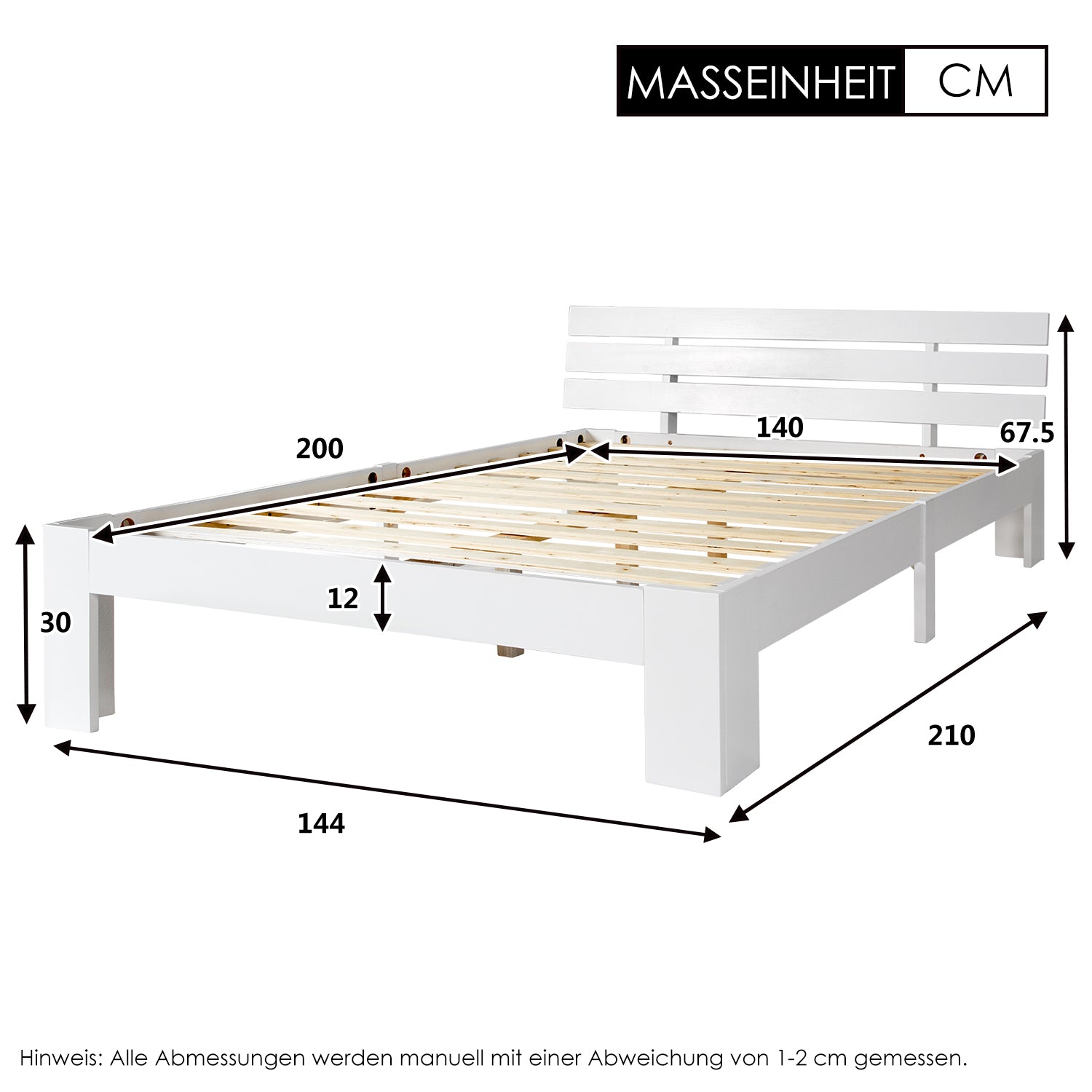 Doppelbett 140x200 cm in festem Holz aus weißer Kiefern mit geschmeidiger Basis und Kopfteil, rustikalem und kompaktem Design (ohne Matratzen)