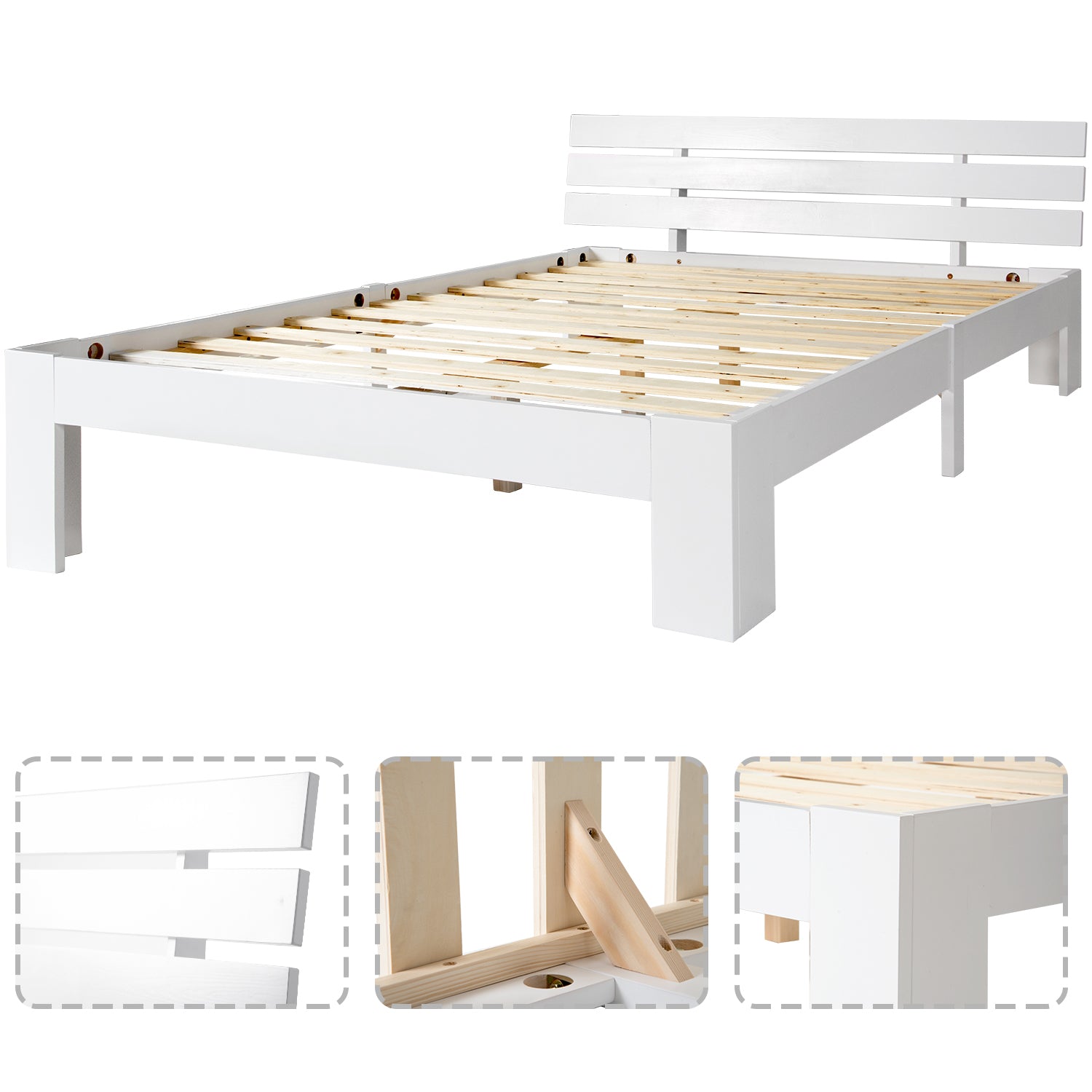 Doppelbett 140x200 cm in festem Holz aus weißer Kiefern mit geschmeidiger Basis und Kopfteil, rustikalem und kompaktem Design (ohne Matratzen)