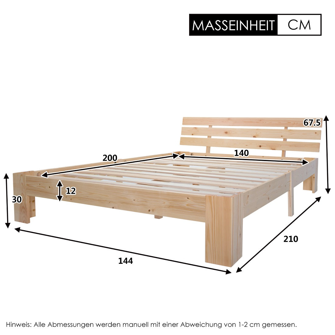 Double bed 140x200 cm in solid wood of natural pine with slatted base and headboard, robust structure and timeless design, without mattresses.