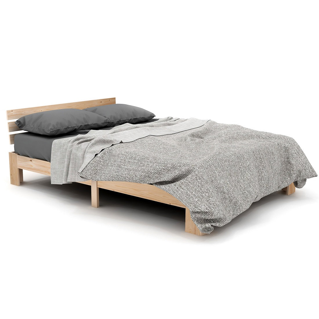 Double bed 140x200 cm in solid wood of natural pine with slatted base and headboard, robust structure and timeless design, without mattresses.