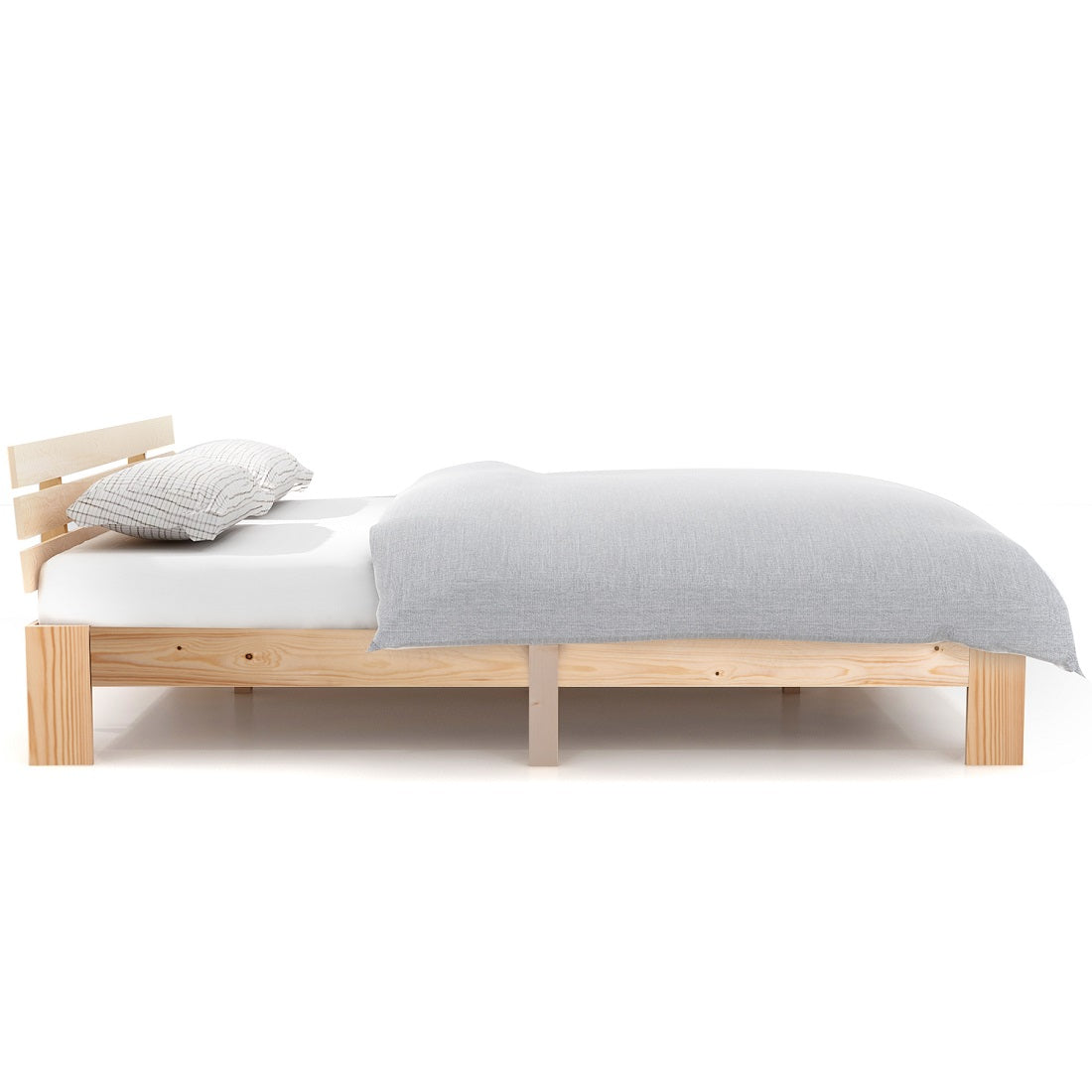 Double bed 140x200 cm in solid wood of natural pine with slatted base and headboard, robust structure and timeless design, without mattresses.