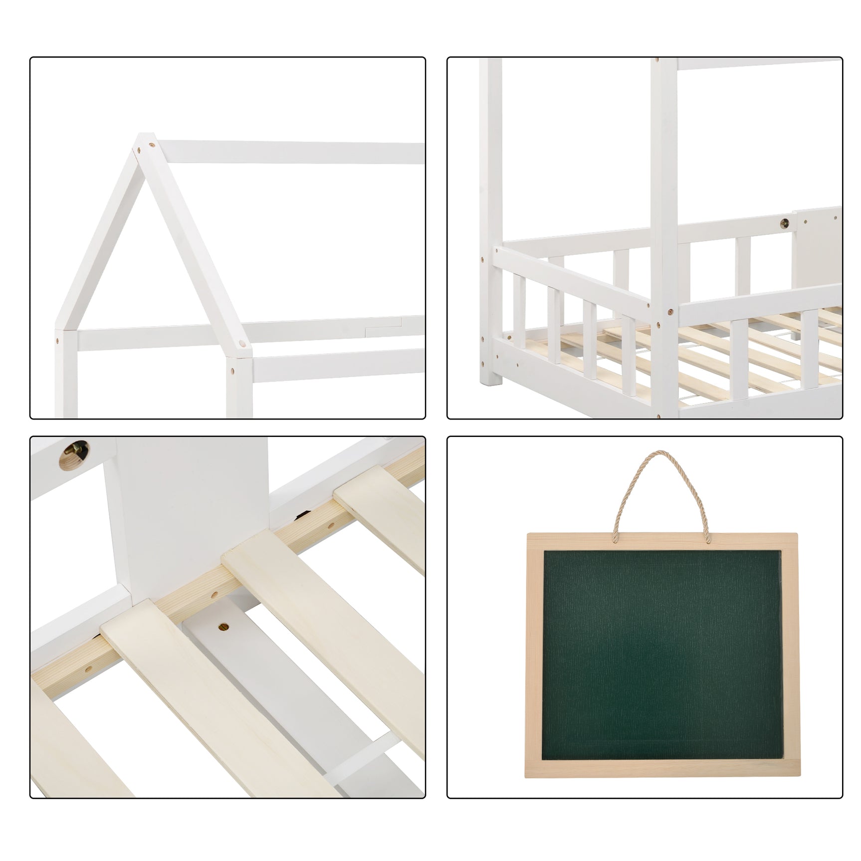 Cabin bed children 90x200 cm white in solid wood with blackboard, slatted box spring and safety barriers, without mattresses