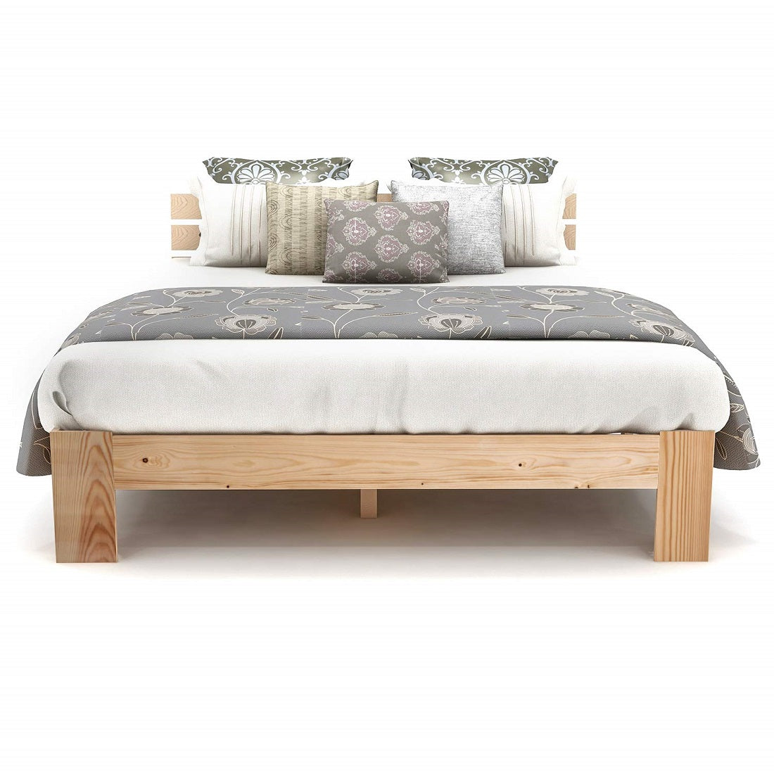 Double bed 140x200 cm in solid wood of natural pine with slatted base and headboard, robust structure and timeless design, without mattresses.
