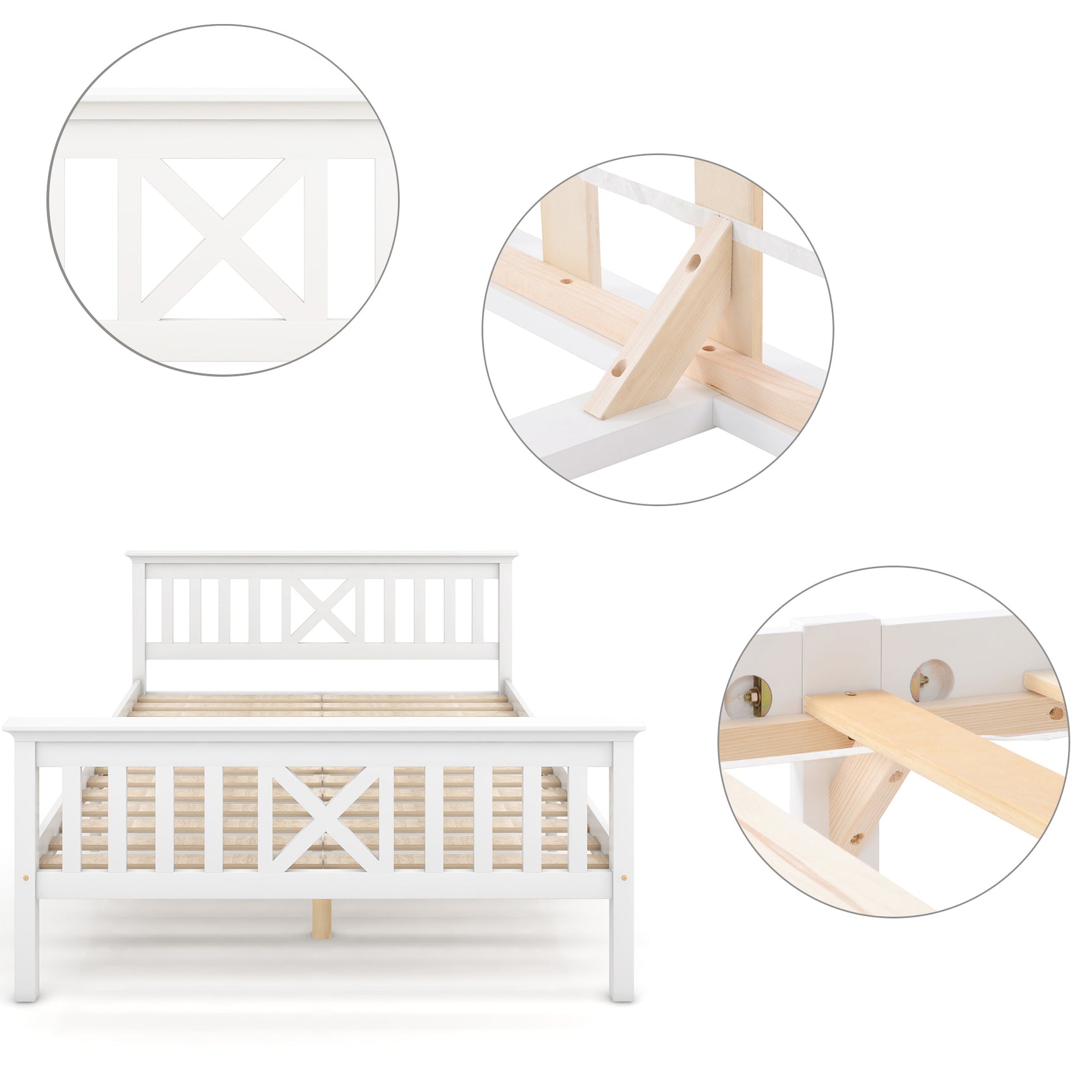 Lit double 140x200 cm blanc en bois massif de pin avec sommier à lattes et tête de lit (sans matelas)