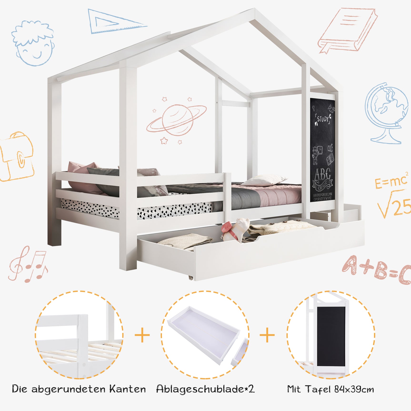 Lit cabane enfant 90×200 cm en bois massif blanc avec tableau, 2 tiroirs, sommier à lattes et barrières de sécurité (sans matelas)