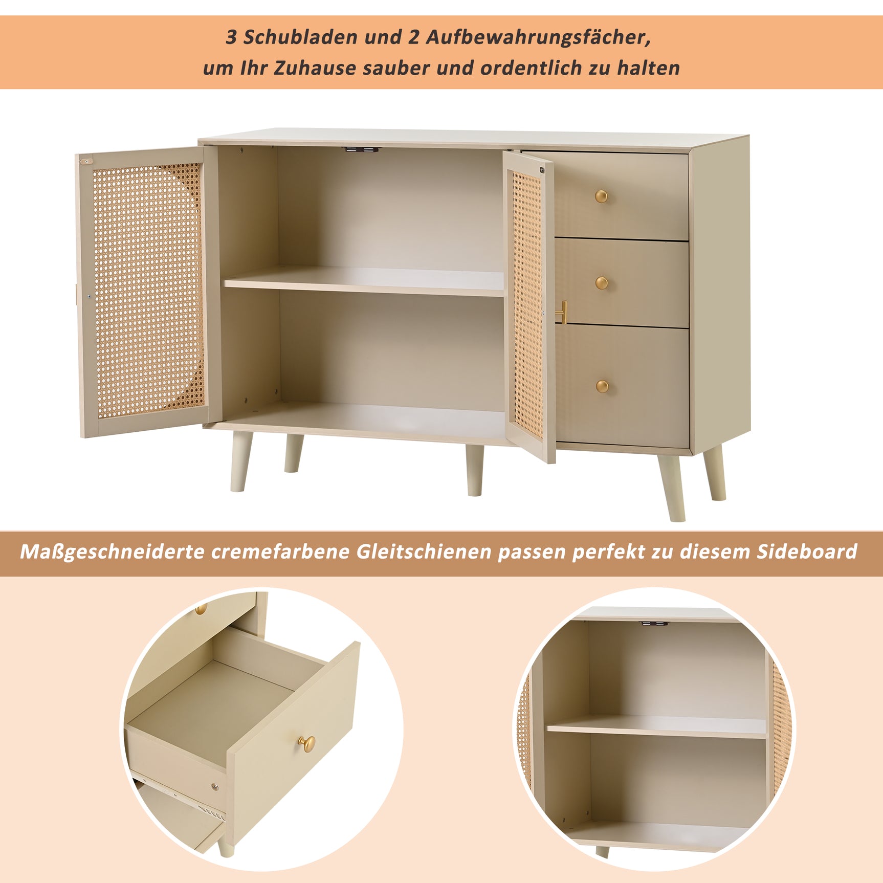 Salon and dining room buffet in broken white with rattan doors and 3 drawers, modern storage unit 120 cm wide