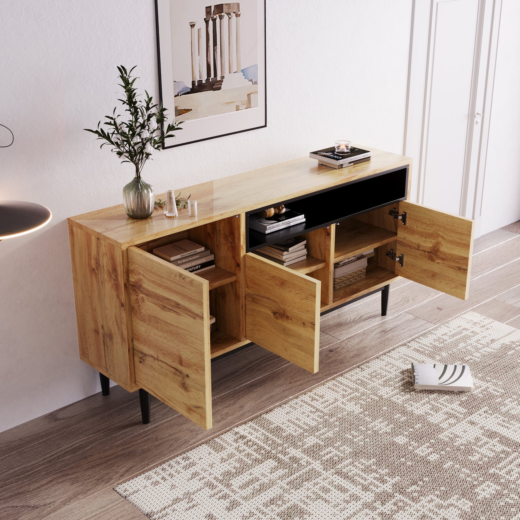 Modernes niedriges Buffet 160 cm in Naturholz mit 3 Türen, verstellbaren Regalen und schwarzen Füßen - 160 x 35 x 76 cm