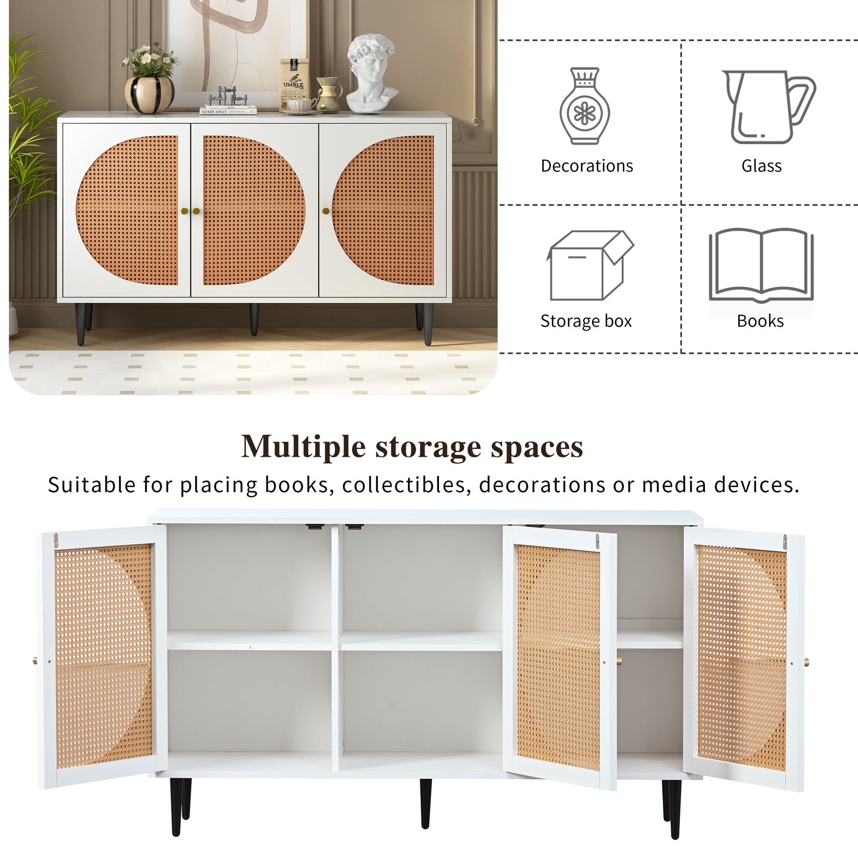 Buffet blanc moderne avec 3 portes en rotin et pieds en métal