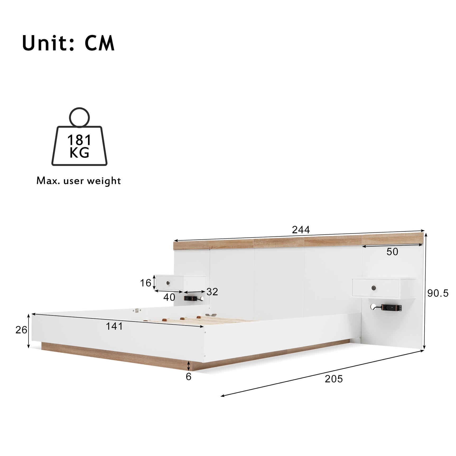 Doppelbett 140x200 cm mit Boxfeder, Kopfteil und 2 LED-Nachttischen mit integrierten USB-C-Anschlüssen (ohne Matratzen), 205x244x90,5 cm