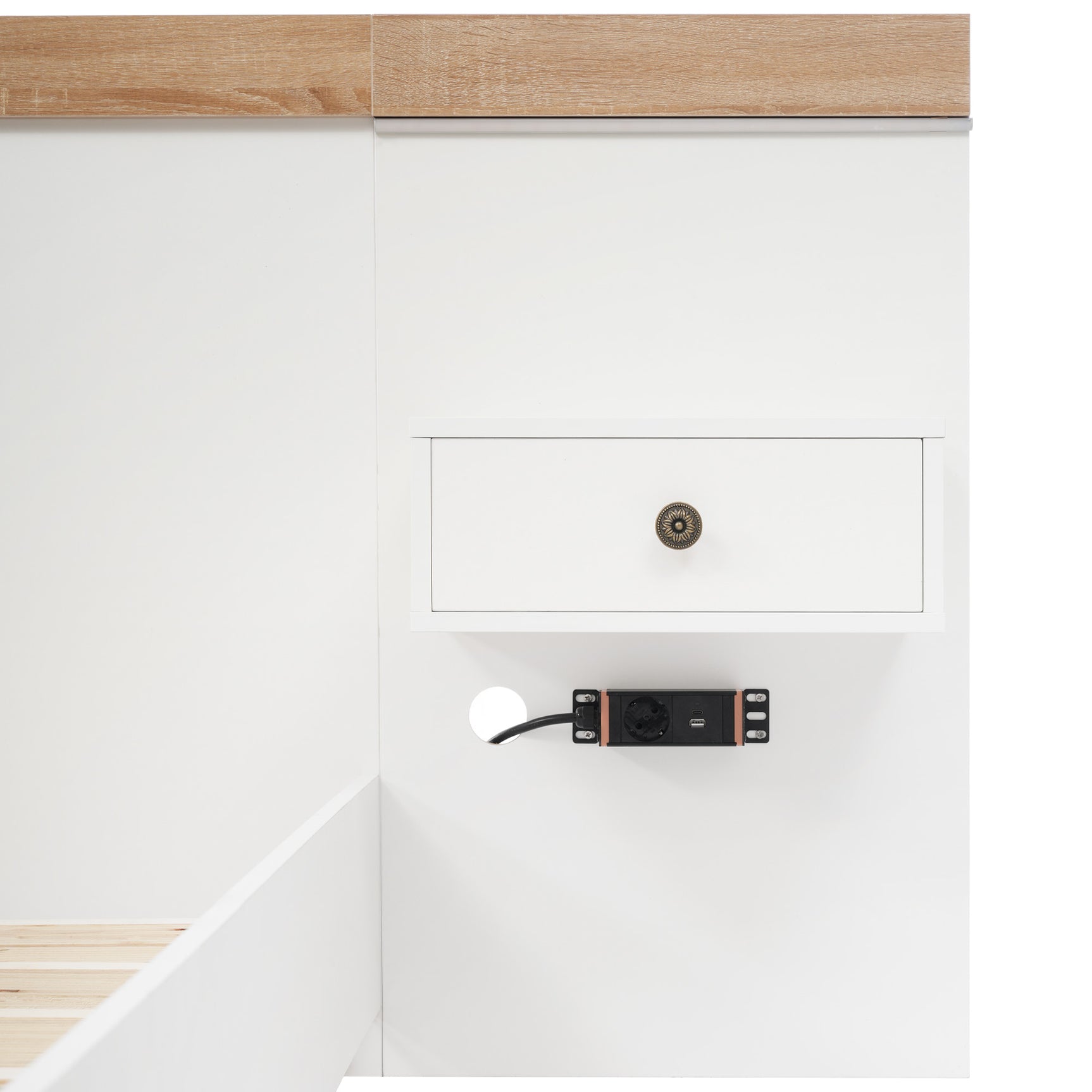 Doppelbett 140x200 cm mit Boxfeder, Kopfteil und 2 LED-Nachttischen mit integrierten USB-C-Anschlüssen (ohne Matratzen), 205x244x90,5 cm