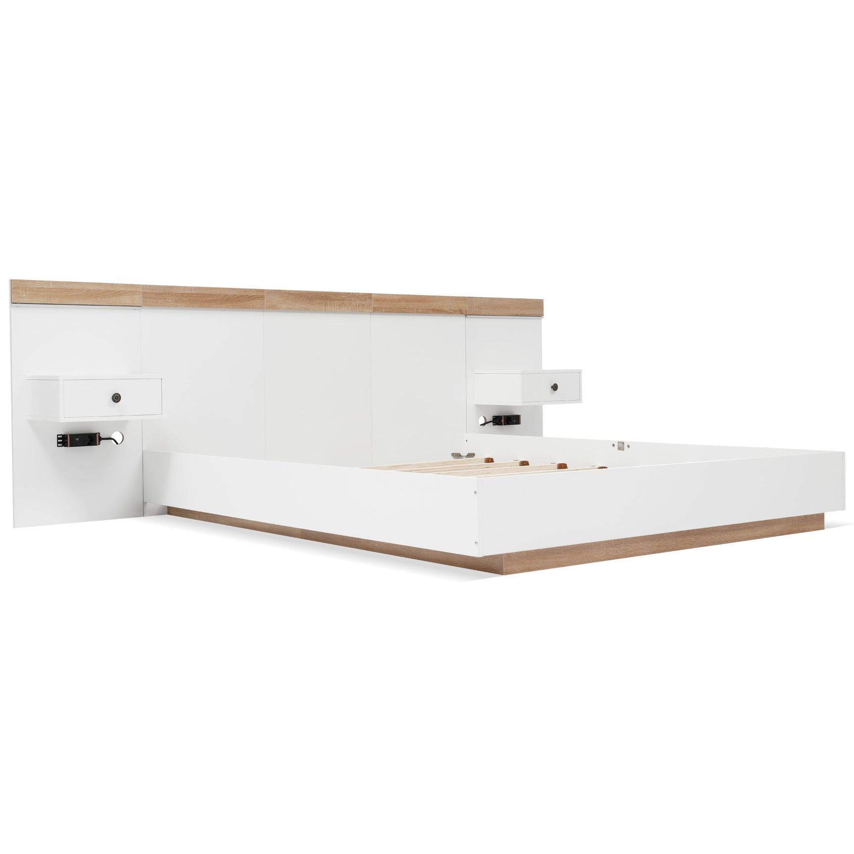 Doppelbett 140x200 cm mit Boxfeder, Kopfteil und 2 LED-Nachttischen mit integrierten USB-C-Anschlüssen (ohne Matratzen), 205x244x90,5 cm