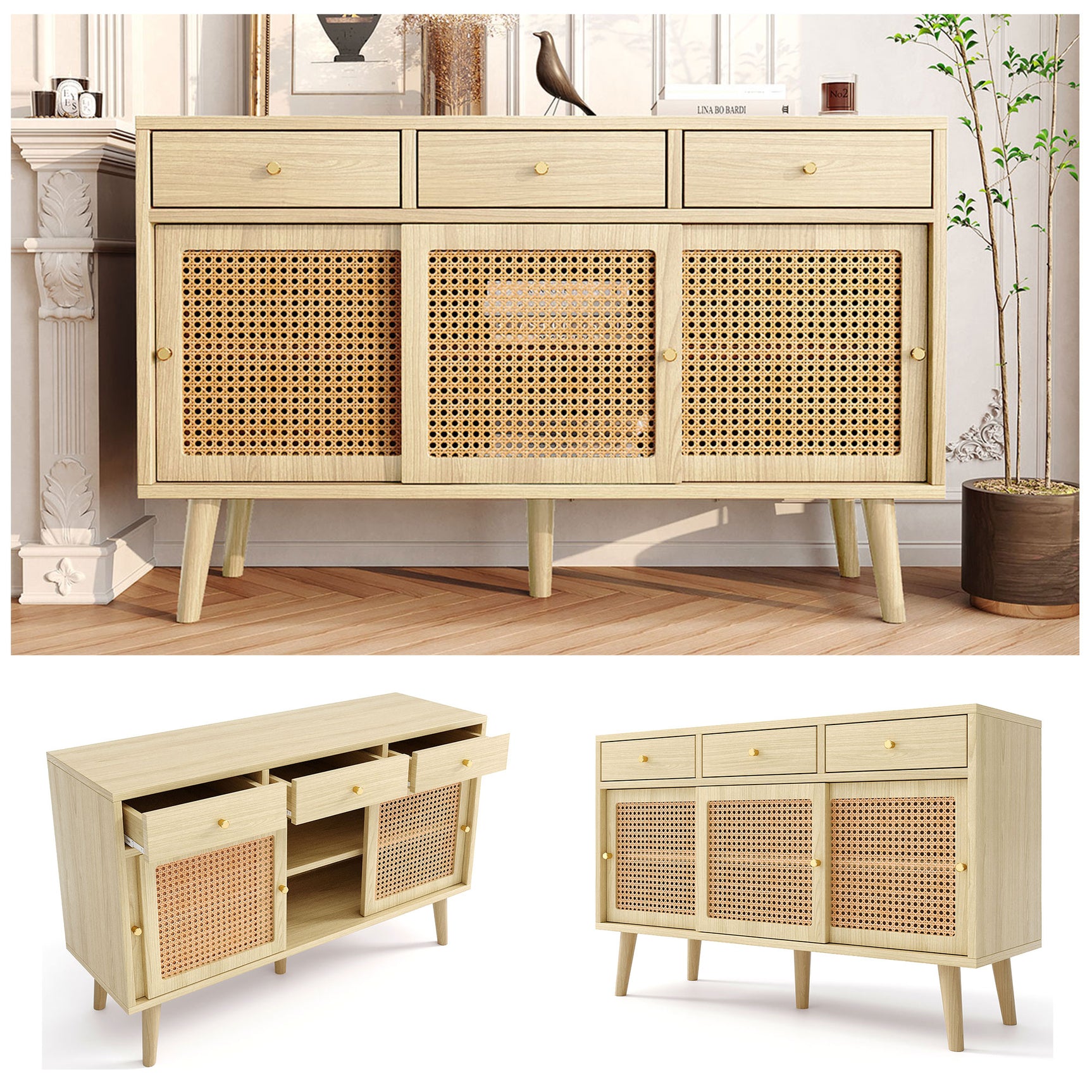 Buffet rétro en bois chêne avec 3 tiroirs, 3 portes coulissantes en rotin et étagères réglables â€?120x40x78 cm