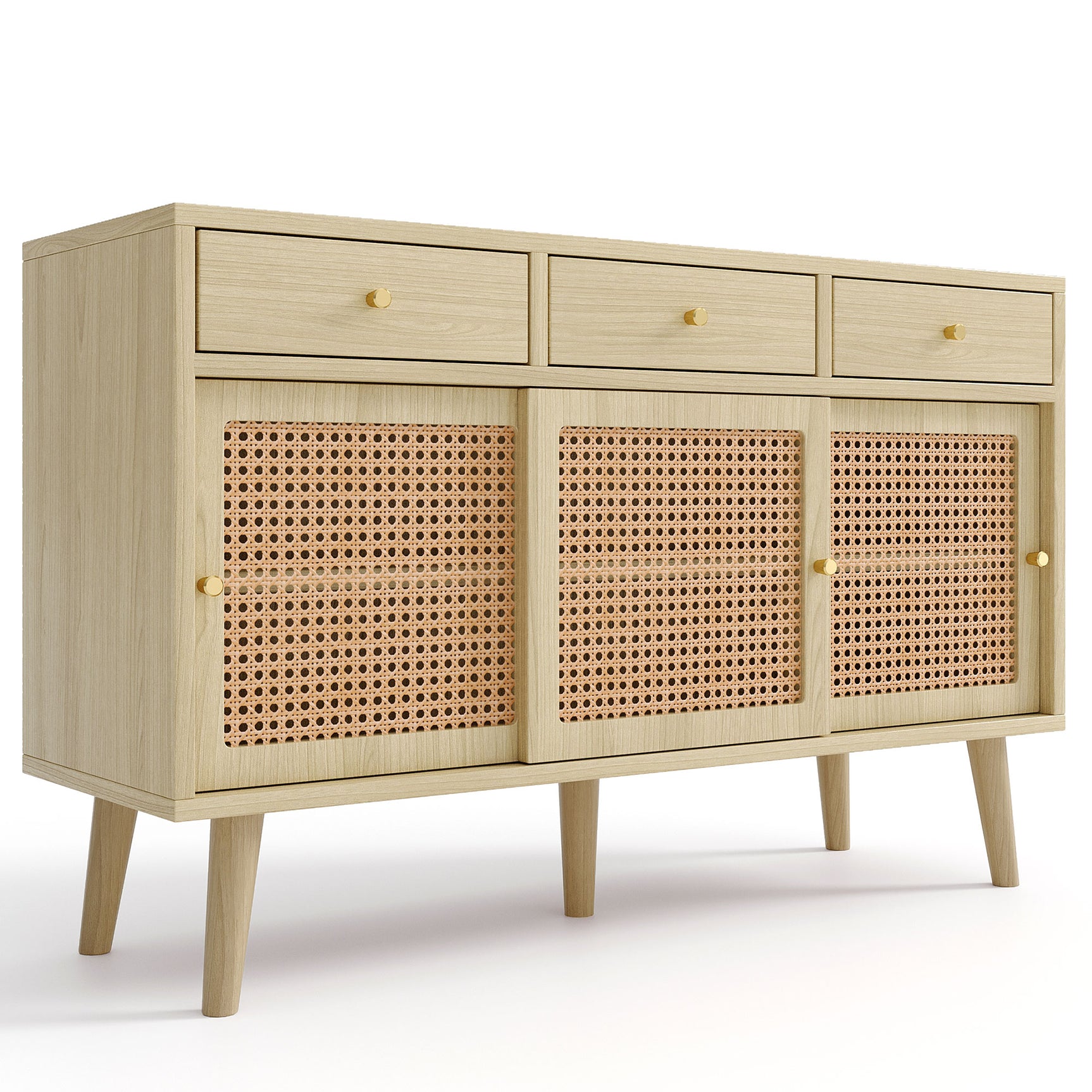 Buffet rétro en bois chêne avec 3 tiroirs, 3 portes coulissantes en rotin et étagères réglables â€?120x40x78 cm