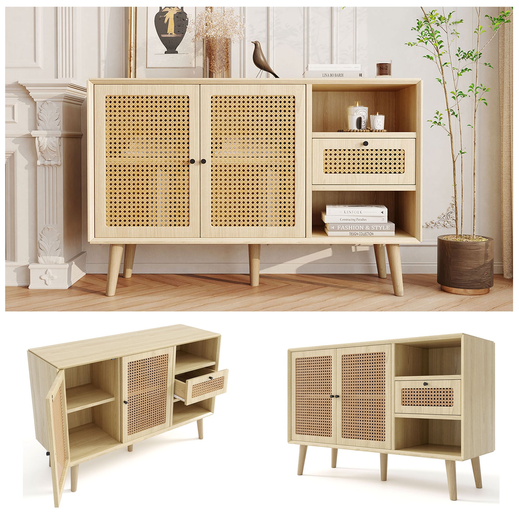 Holzbuffet Eiche Finish mit 1 Schublade und 2 Rattan -Magnettüren, verstellbaren Regalen und festen Holzfüßen für elegante und praktische Lagerung. - 120x40x80 cm