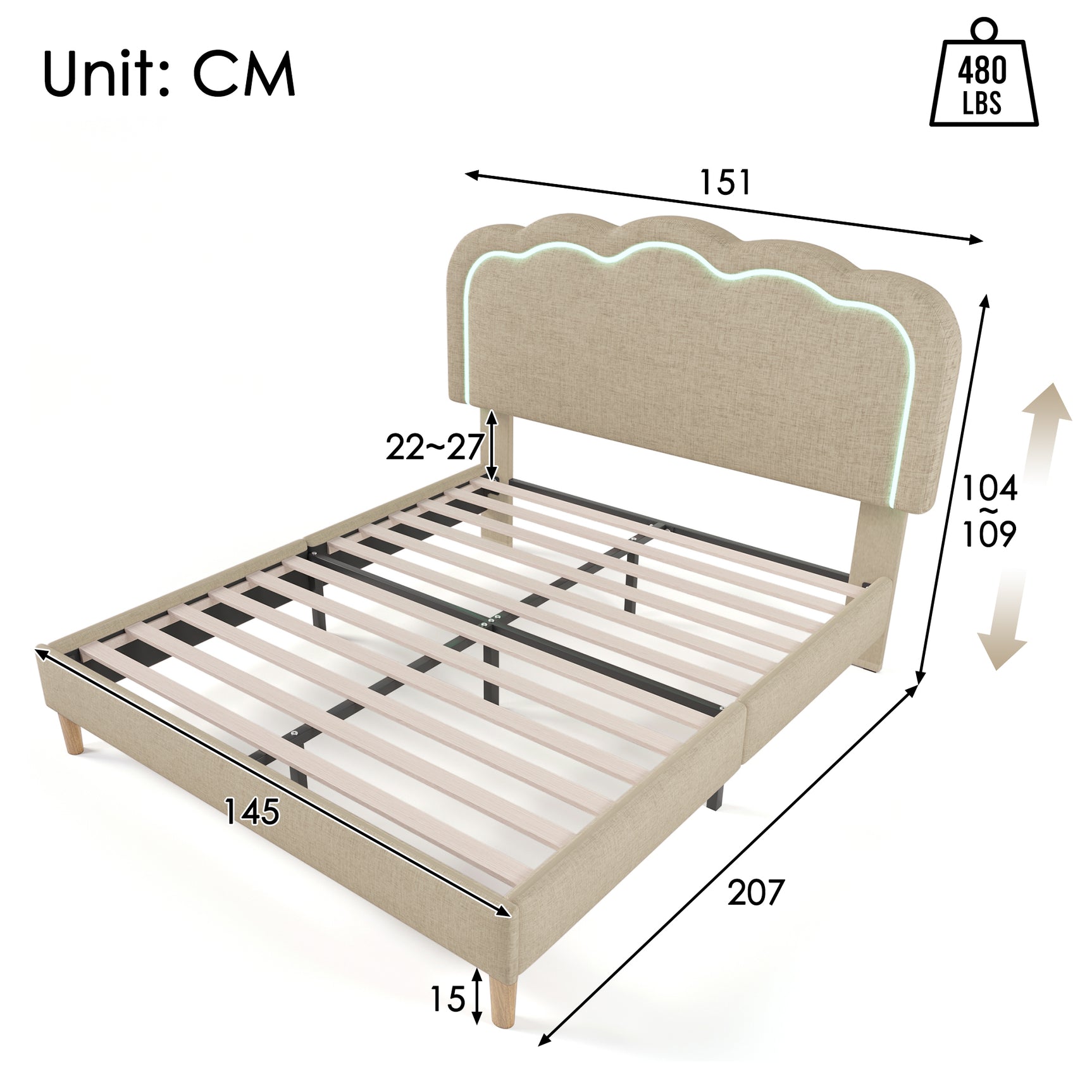 LED -gepolstertes Doppelbett 140 × 200 cm in beige Leinen mit einstellbarem Kopfteil und Basis (ohne Matratzen)