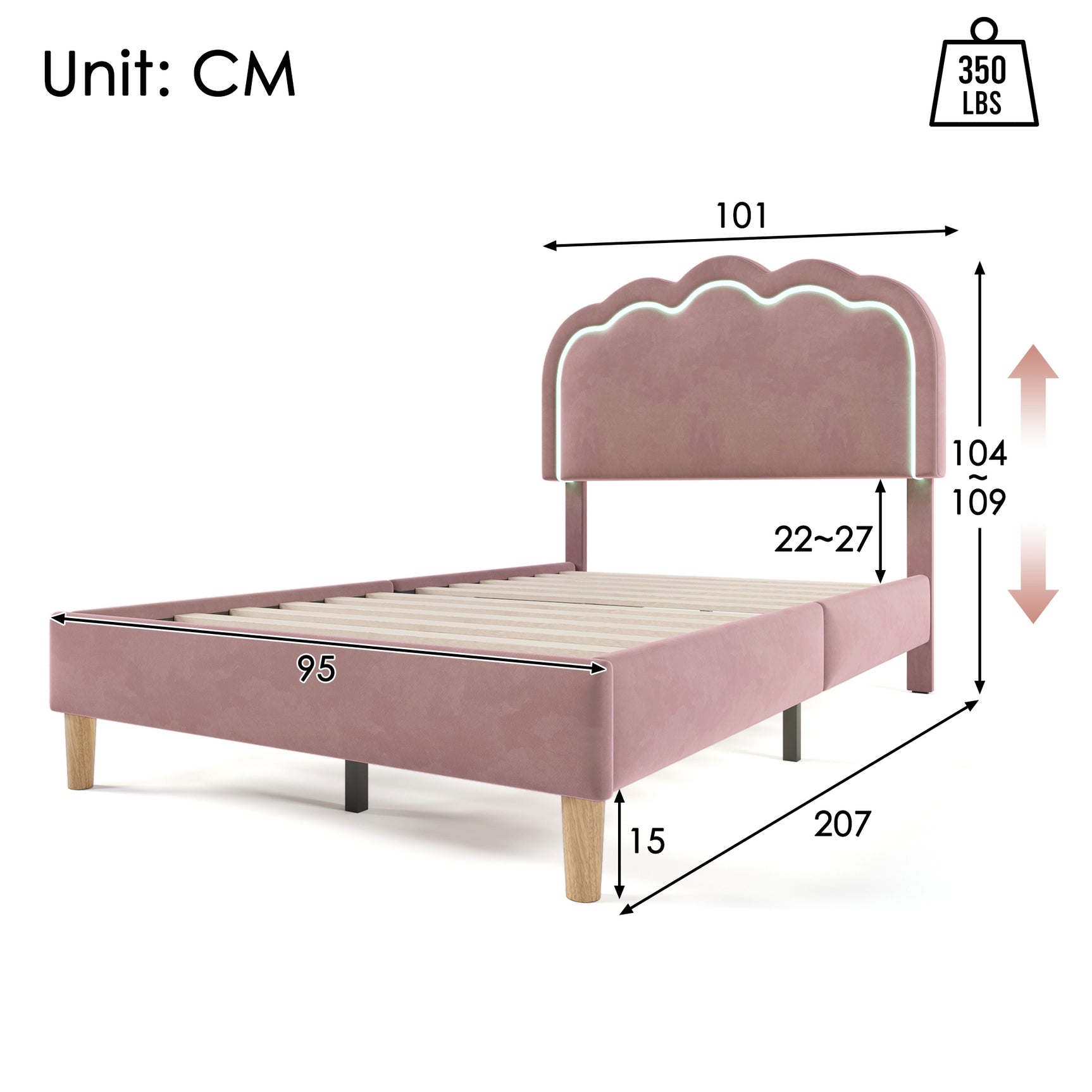 Lit enfant rembourré 90×200 cm avec LED, en velours rose avec tête de lit réglable et sommier à lattes (sans matelas)