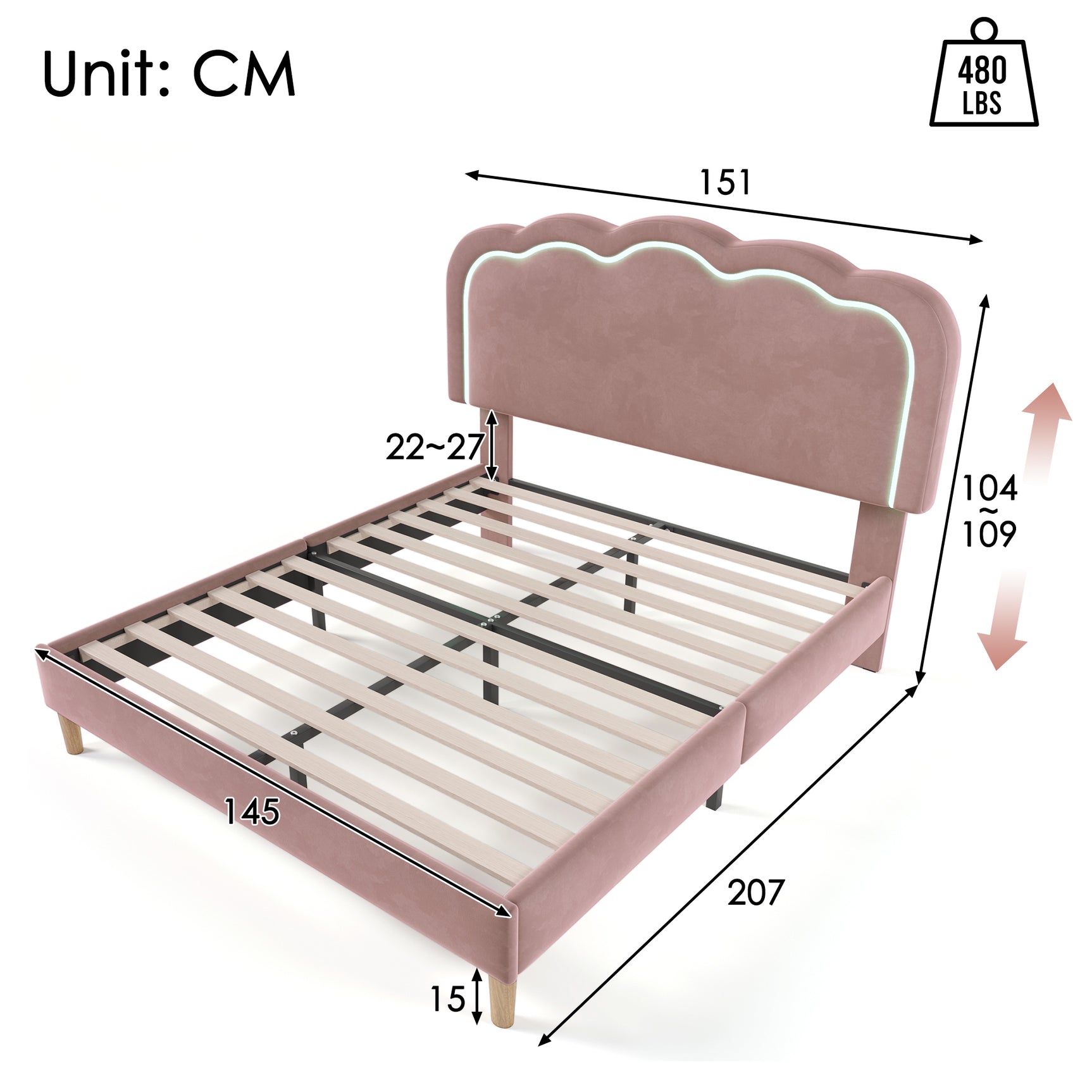 LED -gepolstertes Doppelbett 140 × 200 cm in rosa Samt mit einstellbarem Kopfteil und Basis (ohne Matratzen)