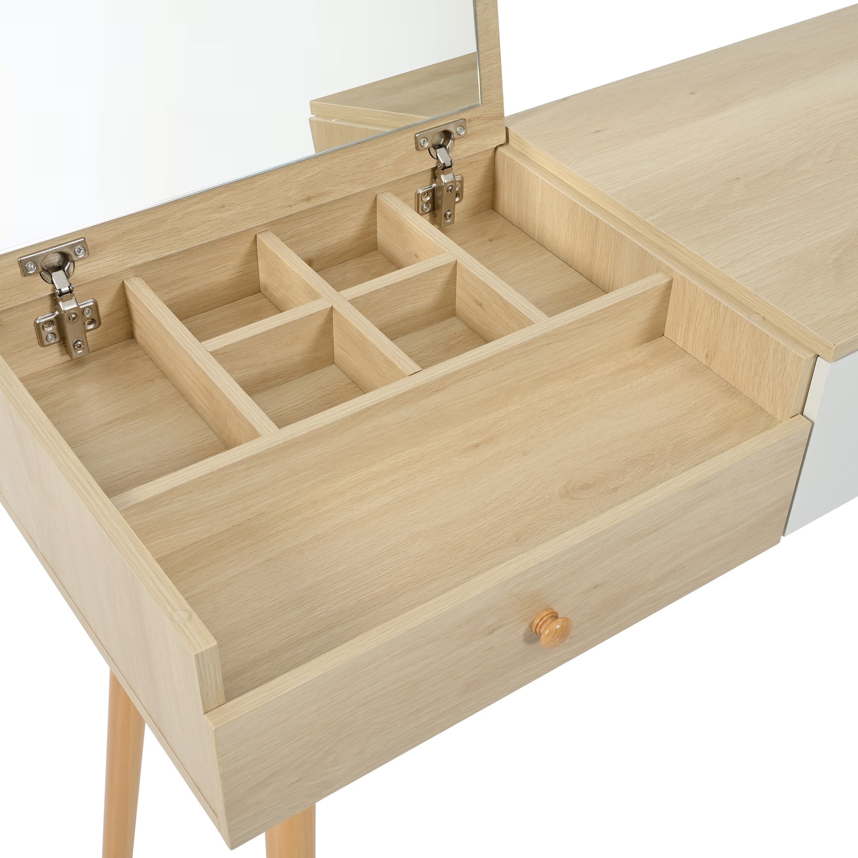 Coiffeuse en bois avec miroir rabattable, 3 tiroirs de rangement et design naturel blanc �100x40x78 cm