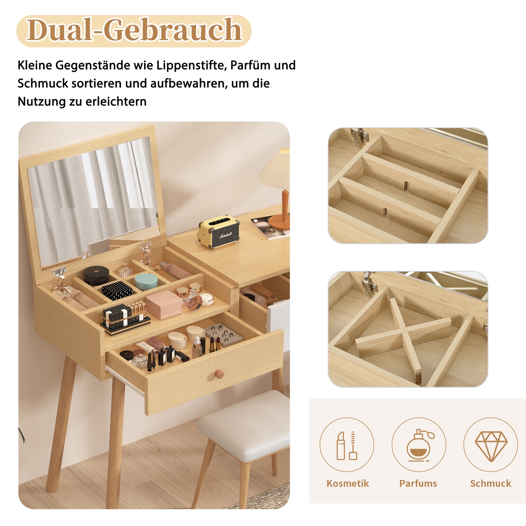Coiffeuse en bois avec miroir rabattable, 3 tiroirs de rangement et design naturel blanc �100x40x78 cm