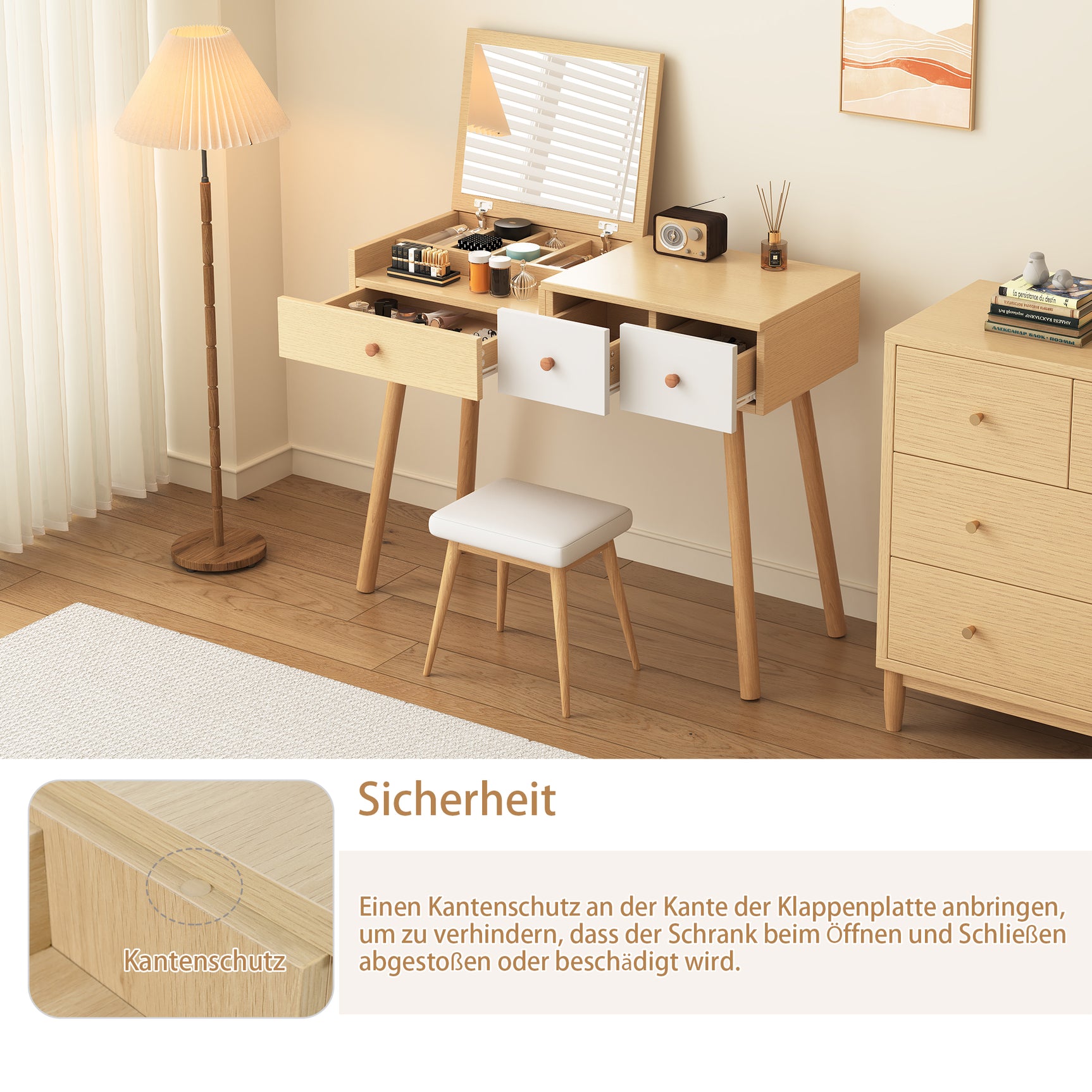 Coiffeuse en bois avec miroir rabattable, 3 tiroirs de rangement et design naturel blanc �100x40x78 cm