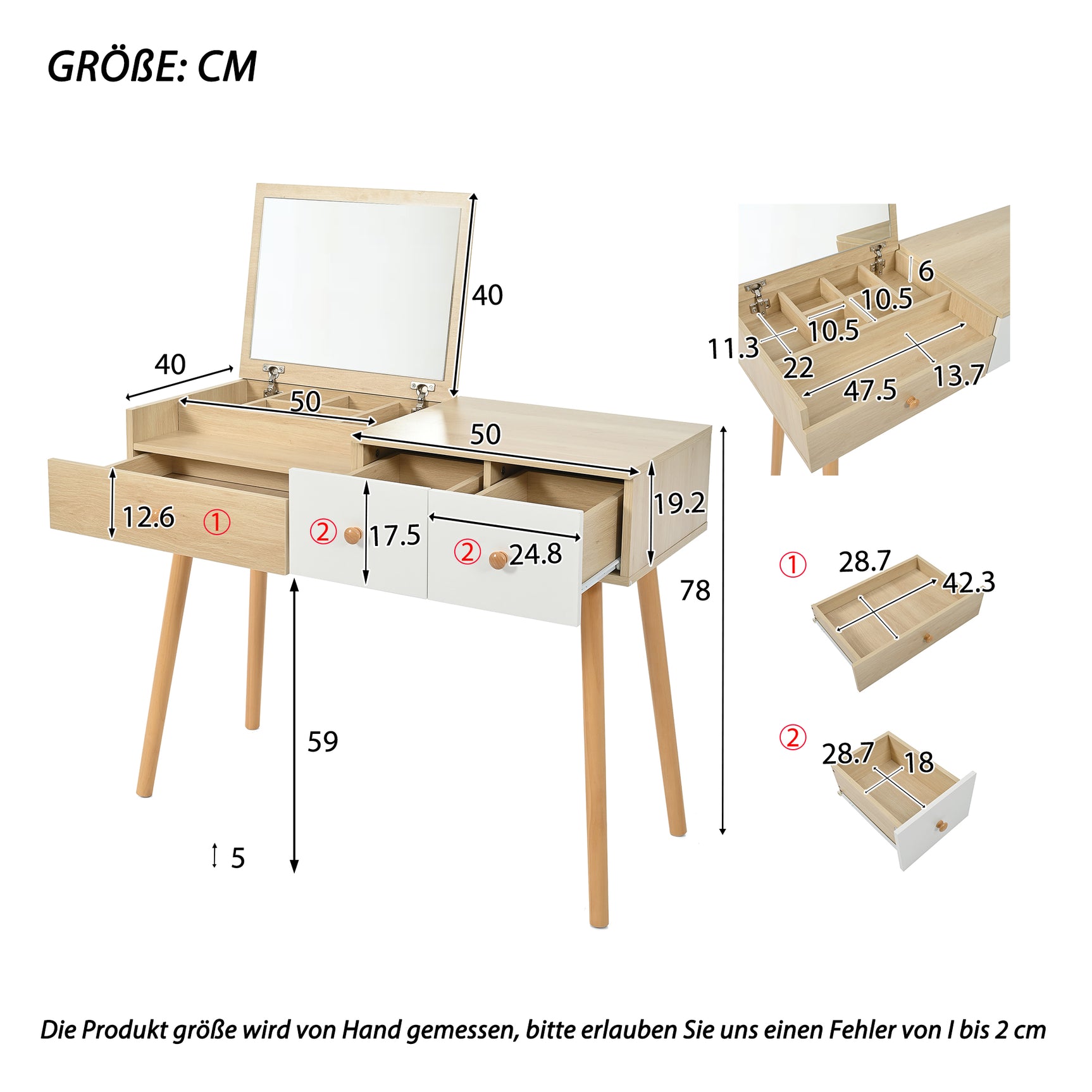 Coiffeuse en bois avec miroir rabattable, 3 tiroirs de rangement et design naturel blanc �100x40x78 cm