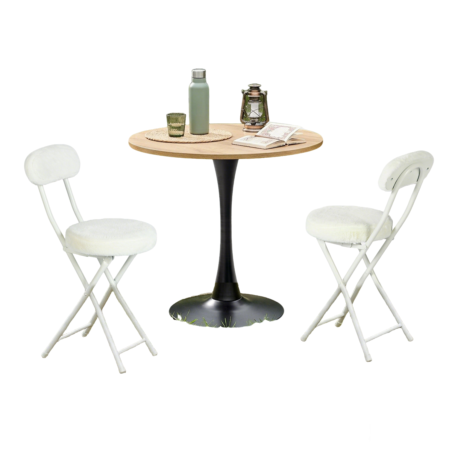 Ensemble de salle à manger de style scandinave comprenant une table ronde en chêne et quatre chaises pliantes blanches